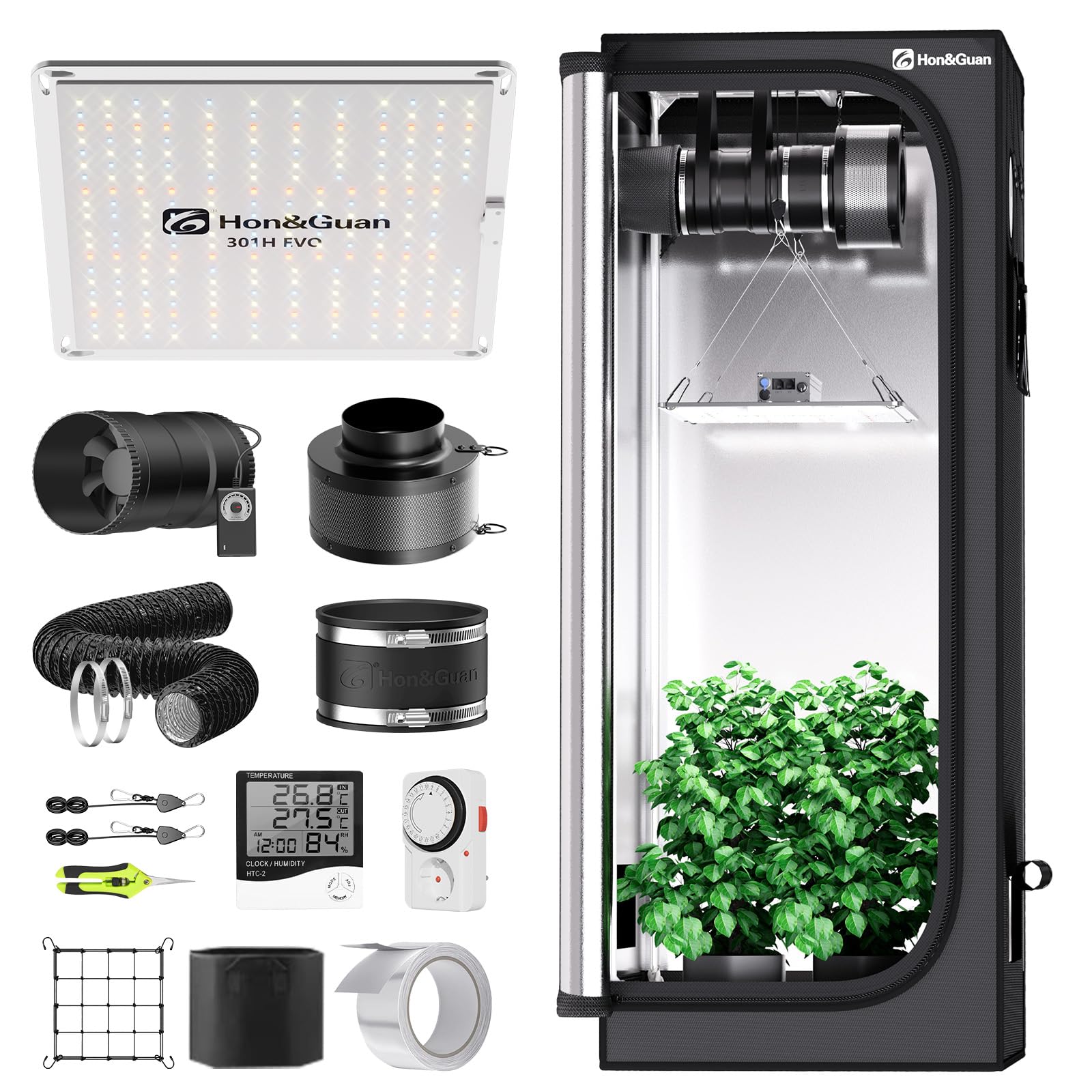 Hon&Guan Growzelt Komplettset mit HG1000 LED Grow Lampe 60x60x160cm Grow Tent 150mm Rohrventilator Aktivkohlefilter Belüftungssystem, Grow Zelt