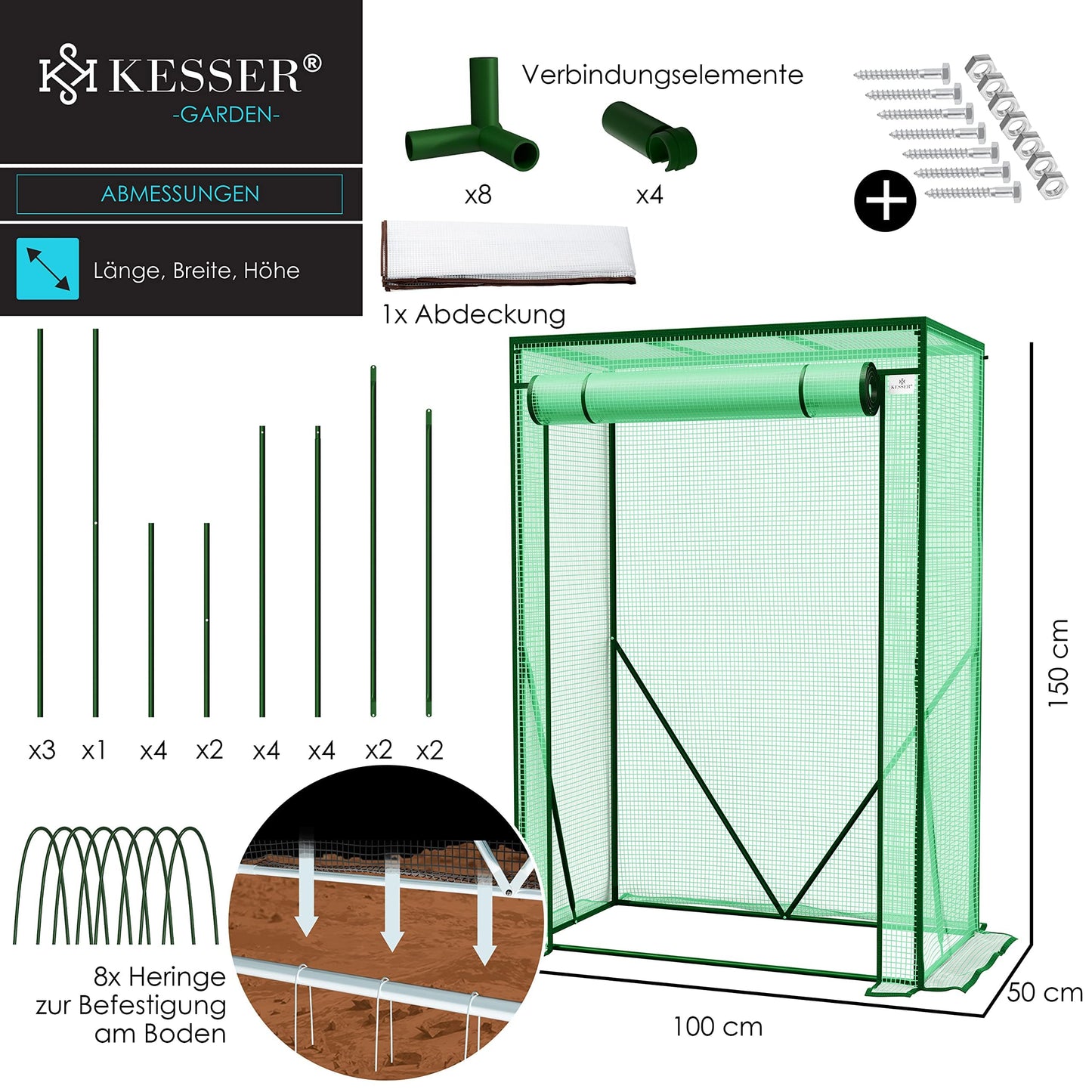 KESSER® Premium Tomatengewächshaus Foliengewächshaus, Gewächshaus klein, Tomatenhaus, Treibhaus mit Tür zum Aufrollen - 100 x 50 x 150 cm Frühbeet, Gemüse, Blumen, Obst, Inkl. Montagezubehör, Garten
