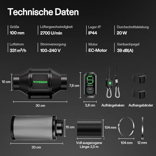VIVOSUN Smart Rohrventilator 100mm/Abluftset AeroZesh G4 mit GrowHub E42A+, Temperatur- & Feuchtigkeitsregler, WiFi/App-Fernsteuerung, Aktivkohlefilter und Schlauch für Growzelte und Hydrokultur