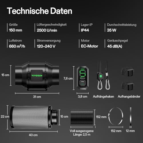 VIVOSUN Smart Rohrventilator 100mm/Abluftset AeroZesh G4 mit GrowHub E42A+, Temperatur- & Feuchtigkeitsregler, WiFi/App-Fernsteuerung, Aktivkohlefilter und Schlauch für Growzelte und Hydrokultur