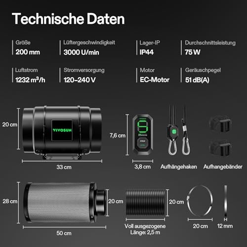 VIVOSUN Smart Rohrventilator 100mm/Abluftset AeroZesh G4 mit GrowHub E42A+, Temperatur- & Feuchtigkeitsregler, WiFi/App-Fernsteuerung, Aktivkohlefilter und Schlauch für Growzelte und Hydrokultur