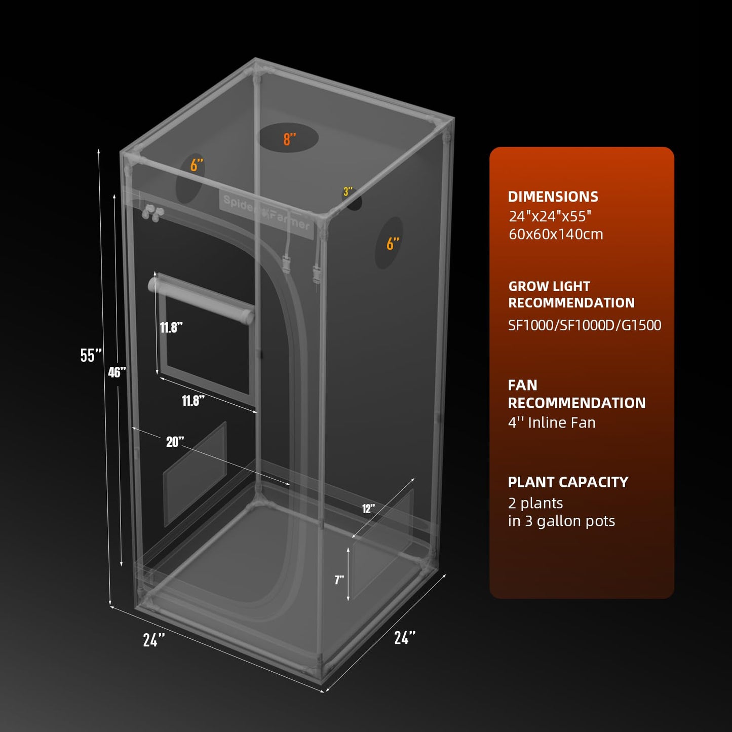 Spider Farmer Growzelt 60x60x180cm, Indoor Grow Tent Kultivation Zelt, hergestellt aus hochreflektierendem Mylar mit Beobachtungsfenster und abnehmbarem Boden Tablett, für SF1000/SF1000D