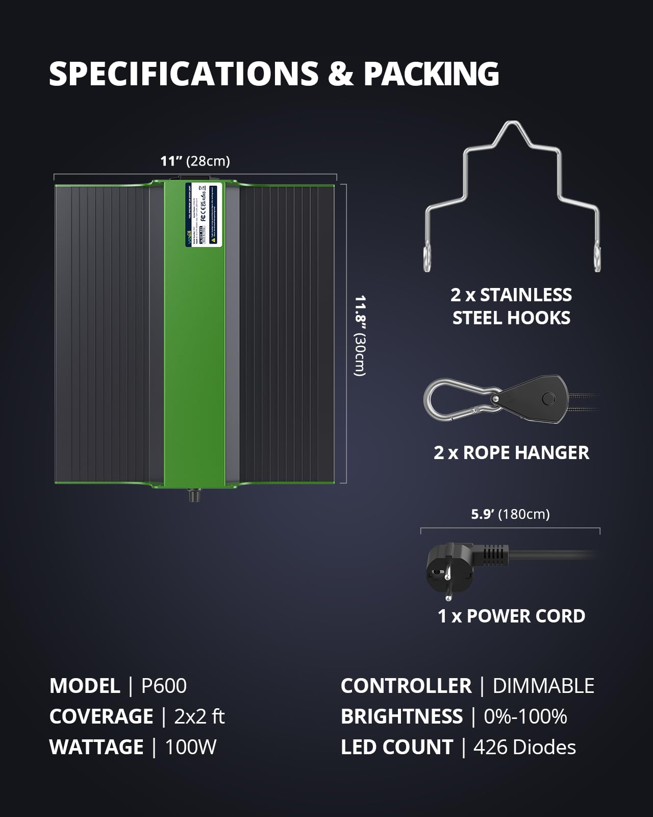VIPARSPECTRA P600 LED Grow Lampe, 2024 Pflanzenlampe Led Vollspektrum, Pflanzenlampen LED Grow Light, Dimmen 0%-100% für Gewächshaus Zimmerpflanzen Sämling Gemüse Blüte für Growzelt 60x60cm 40x40cm