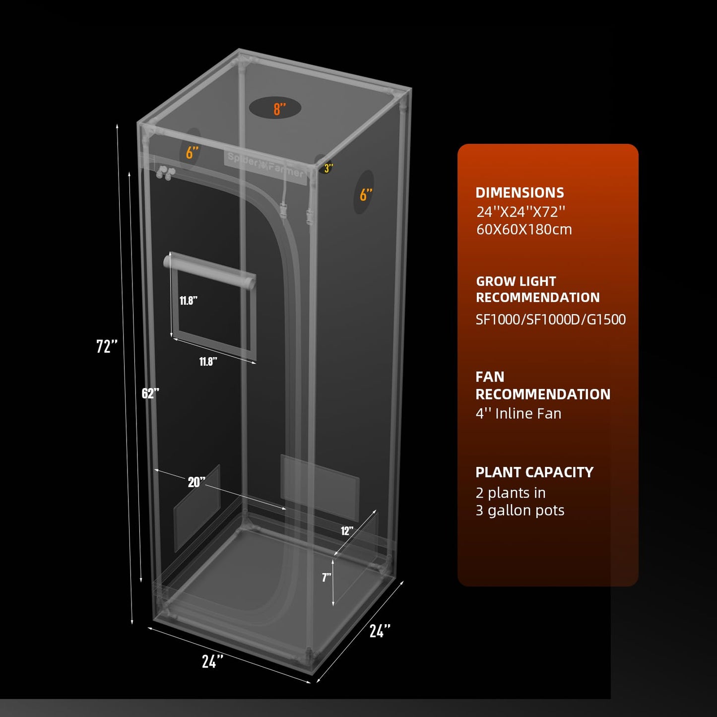 Spider Farmer Growzelt 60x60x180cm, Indoor Grow Tent Kultivation Zelt, hergestellt aus hochreflektierendem Mylar mit Beobachtungsfenster und abnehmbarem Boden Tablett, für SF1000/SF1000D