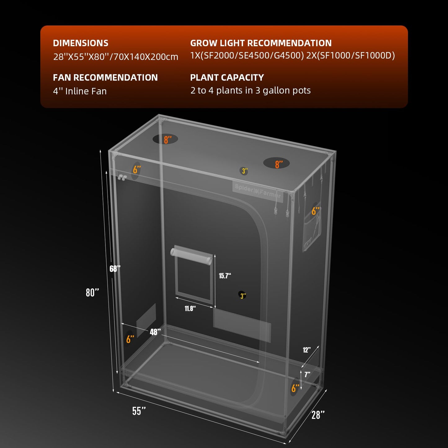 Spider Farmer Growzelt 60x60x180cm, Indoor Grow Tent Kultivation Zelt, hergestellt aus hochreflektierendem Mylar mit Beobachtungsfenster und abnehmbarem Boden Tablett, für SF1000/SF1000D