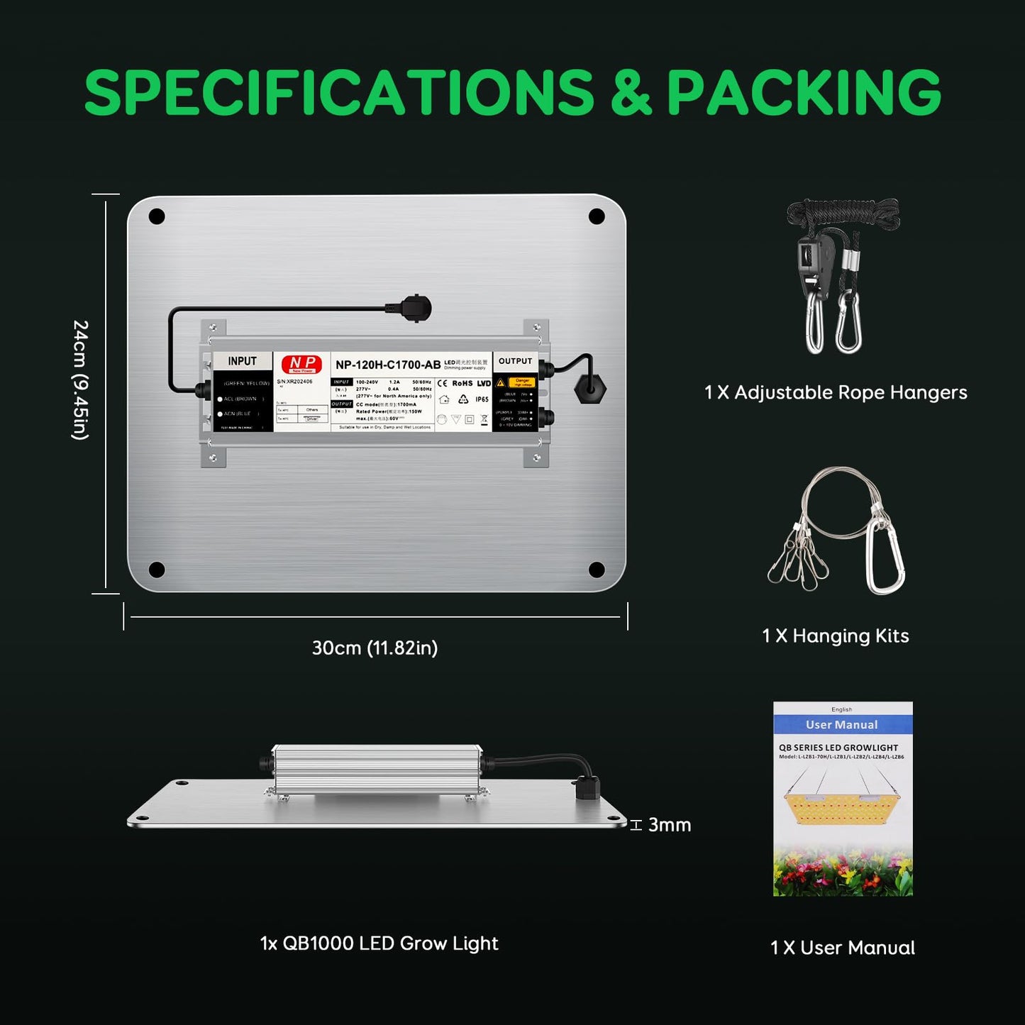 Niello QB1000 LED Pflanzenlampe with dimmable, LED Grow Lampe Vollspektrum, Hohem PPFD und IR Grow Light Wachstumslampe für 2x2ft Innen Wachsen Zelt Samen Knospe Pflanze Gemüse und Blume