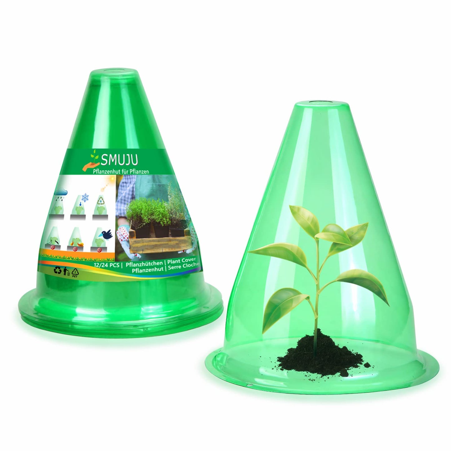 【24 Stück】 Pflanzenhut, Pflanzhütchen Transparente Abdeckung für Salatpflanzen zum Schutz vor Vögeln, Schnecken, Frost oder Witterung - Schützt Pflanzen vor Tierfraß, Ø 20cm, Grün (24 Stück)