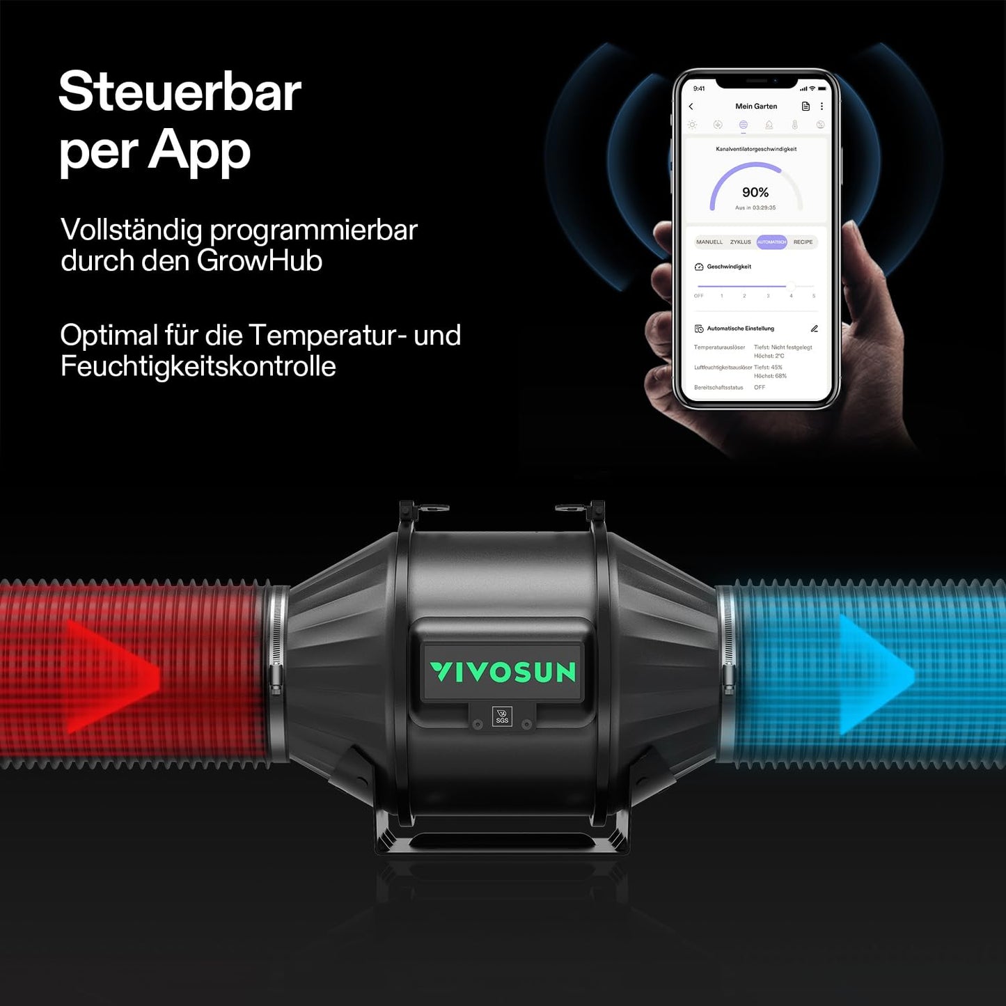 VIVOSUN Smart Grow System mit Grow Lampe100W LED Pflanzenlampe mit integriertem Zirkulationsventilator, Rohrventilator 100 mm & GrowHub E42A Controller für Growbox Komplettsets, Indoor-Grow Hydroponik