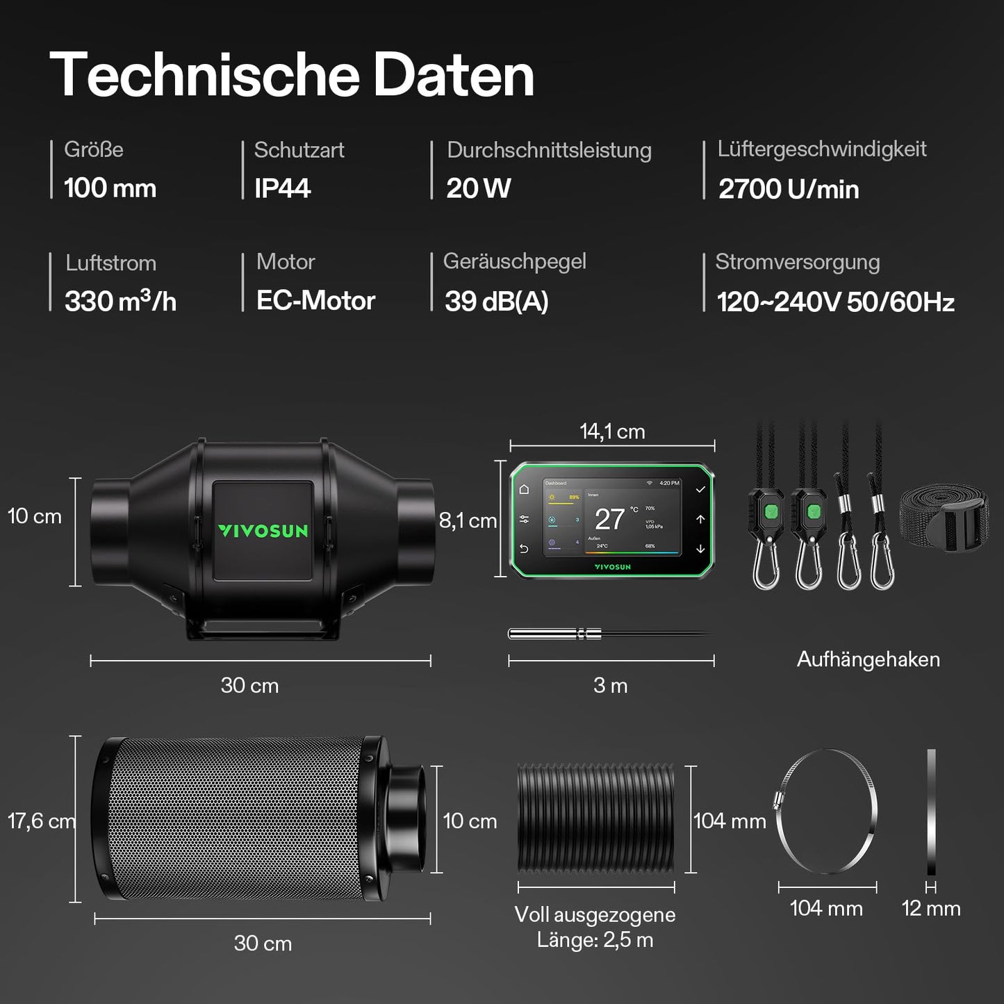 VIVOSUN Smart Rohrventilator 100mm/Abluftset AeroZesh G4 mit GrowHub E42A+, Temperatur- & Feuchtigkeitsregler, WiFi/App-Fernsteuerung, Aktivkohlefilter und Schlauch für Growzelte und Hydrokultur