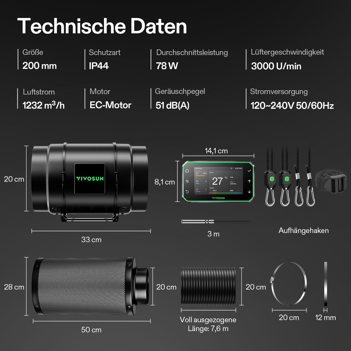 VIVOSUN Smart Rohrventilator 100mm/Abluftset AeroZesh G4 mit GrowHub E42A+, Temperatur- & Feuchtigkeitsregler, WiFi/App-Fernsteuerung, Aktivkohlefilter und Schlauch für Growzelte und Hydrokultur