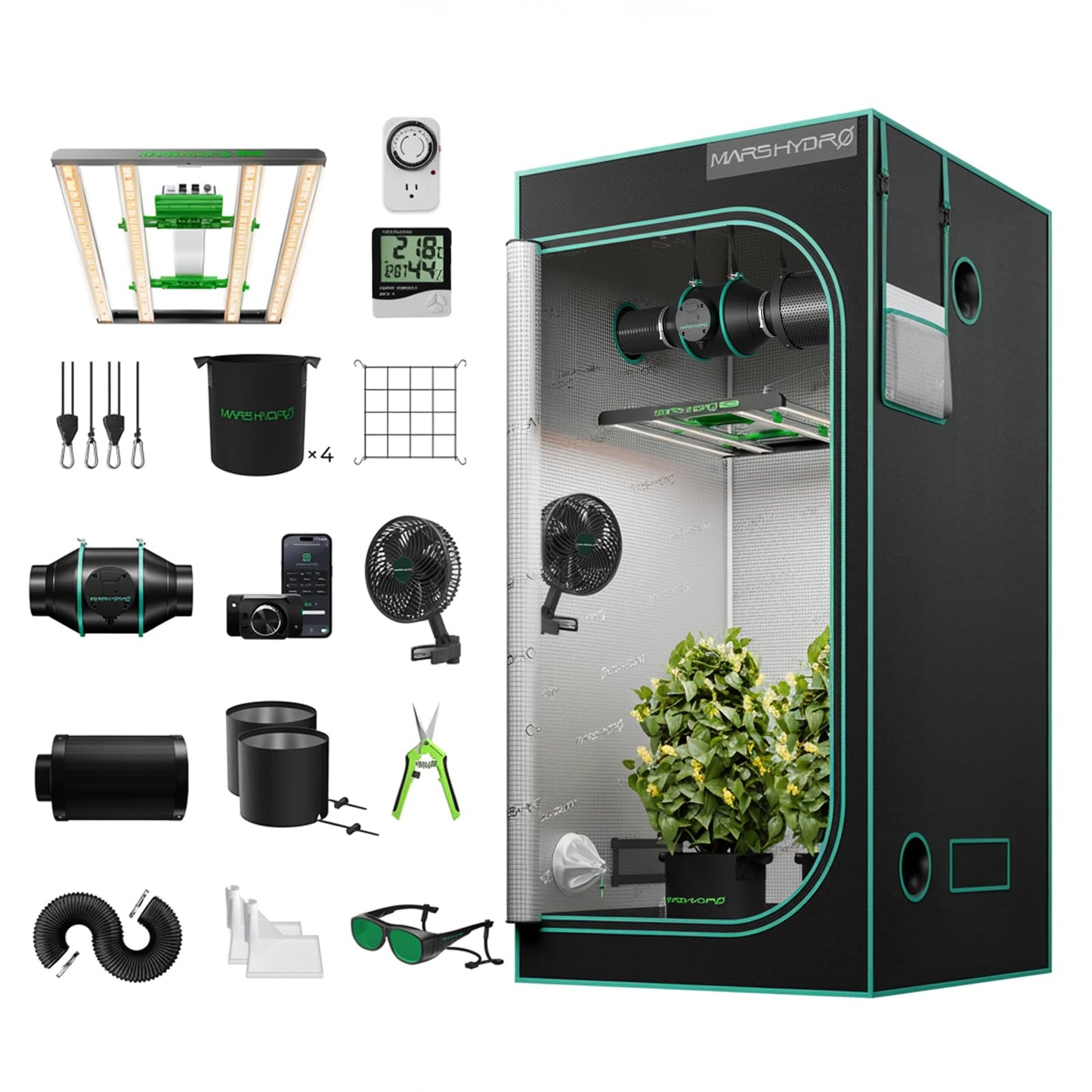 Mars Hydro Growzelt Komplettset,Upgraded TS600 Dimmbare Grow Lampe,60X60X140cm 1680D Hoch Reflektierend Mylar Grow Box Komplettset,mit 4" 205 CFM Ruhiges und Effizientes Belüftungssatz,10-Gang-Lüfter