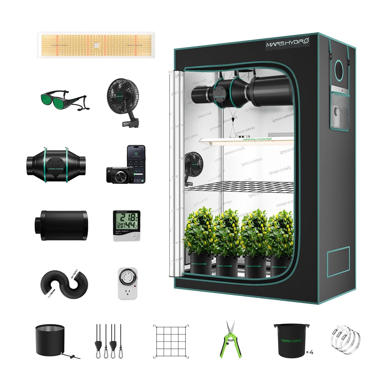 Mars Hydro Growzelt Komplettset,Upgraded TS600 Dimmbare Grow Lampe,60X60X140cm 1680D Hoch Reflektierend Mylar Grow Box Komplettset,mit 4" 205 CFM Ruhiges und Effizientes Belüftungssatz,10-Gang-Lüfter
