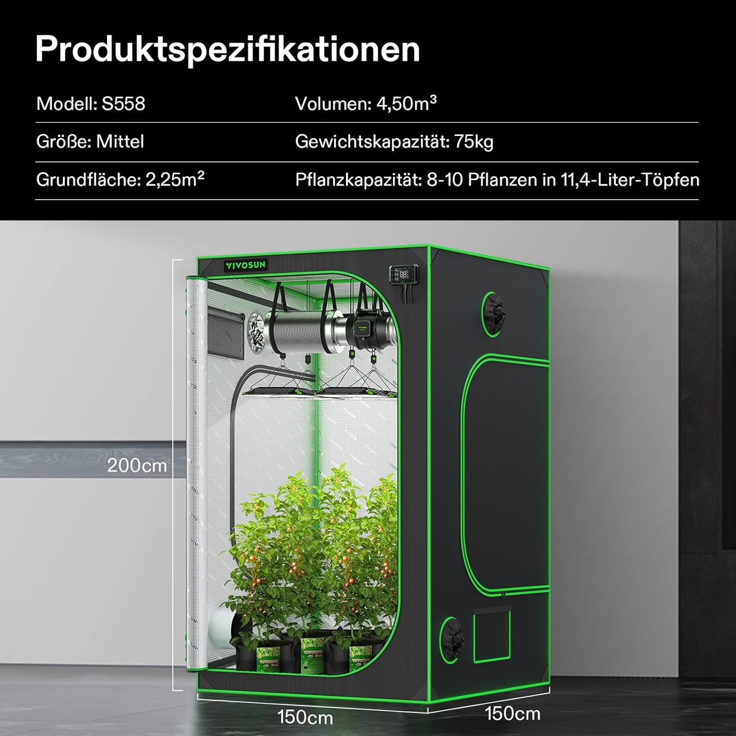 VIVOSUN Growzelt lichtdichtes Indoor Hydroponik Zelt mit reflektierendem Mylar Sichtfenster Bodenwanne stabile Rahmenstruktur Pflanzenzelt Gewächshaus S558 Grow Tent passend für VSF6450