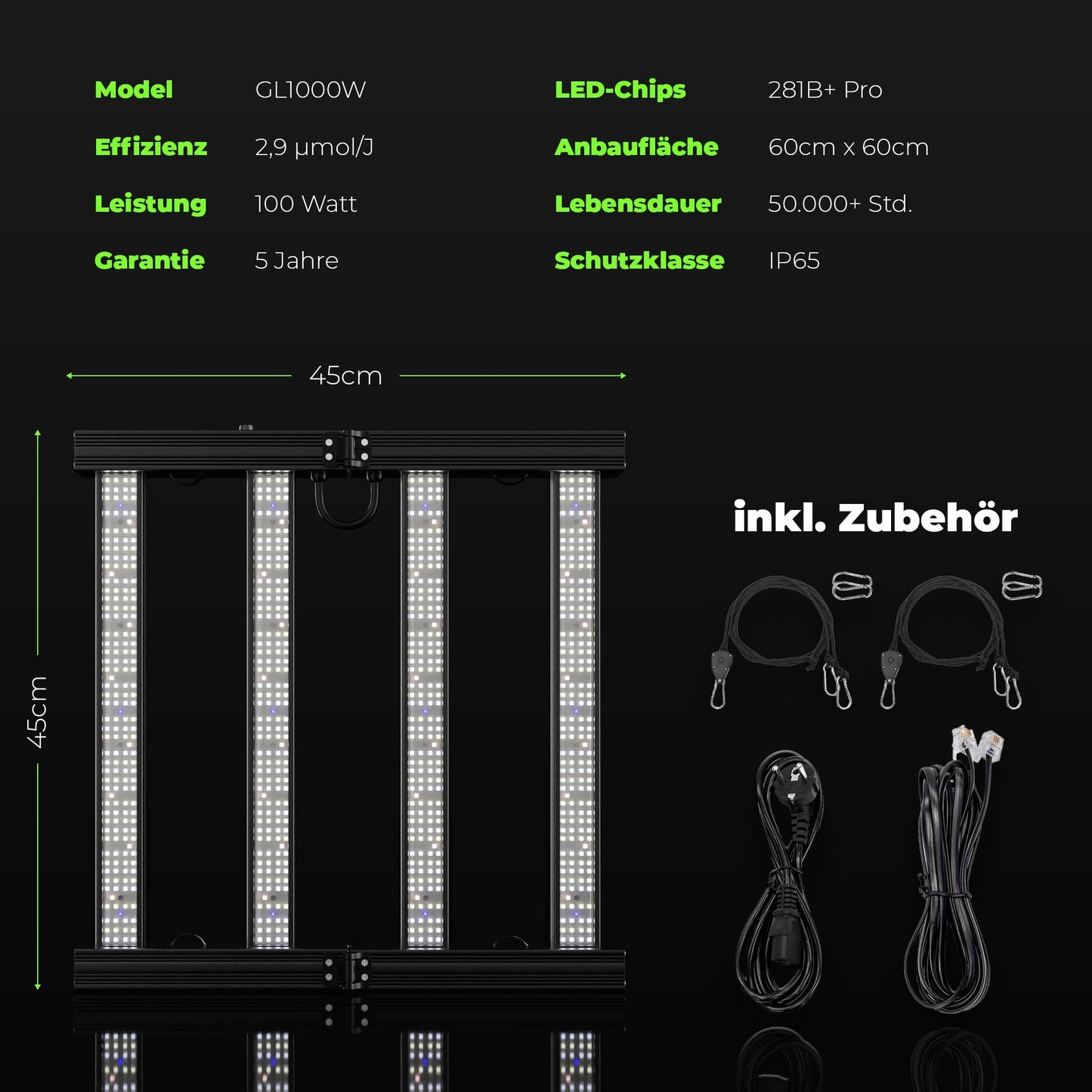 ProLine GL1000W Vollspektrum LED Grow Light Pflanzenlampe mit LED Technologie Pflanzenlicht dimmbar mit 5 Jahre Herstellergarantie