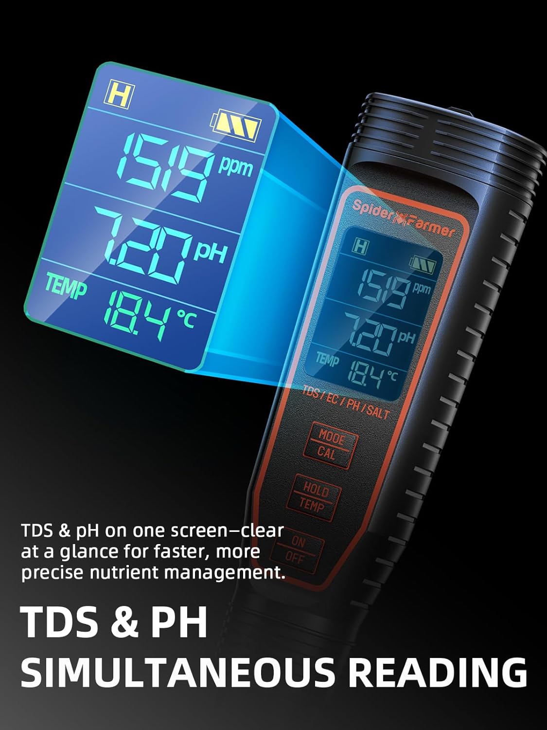 Spider Farmer 5-in-1 pH-Messgerät-Set für Wasser, TDS-EC-Temperatur-Salzgehalt-Tester mit ATC, Wiederaufladbar, für Pflanzen Hydrokulturen Grow Schwimmbäder Fischbecken und Aquarium (IP67 Wasserdicht)