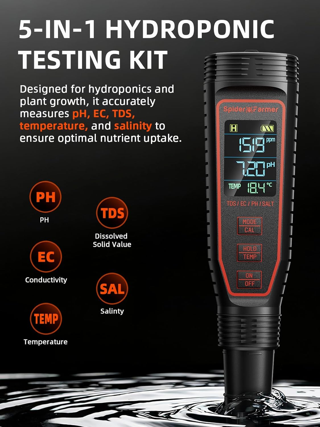 Spider Farmer 5-in-1 pH-Messgerät-Set für Wasser, TDS-EC-Temperatur-Salzgehalt-Tester mit ATC, Wiederaufladbar, für Pflanzen Hydrokulturen Grow Schwimmbäder Fischbecken und Aquarium (IP67 Wasserdicht)