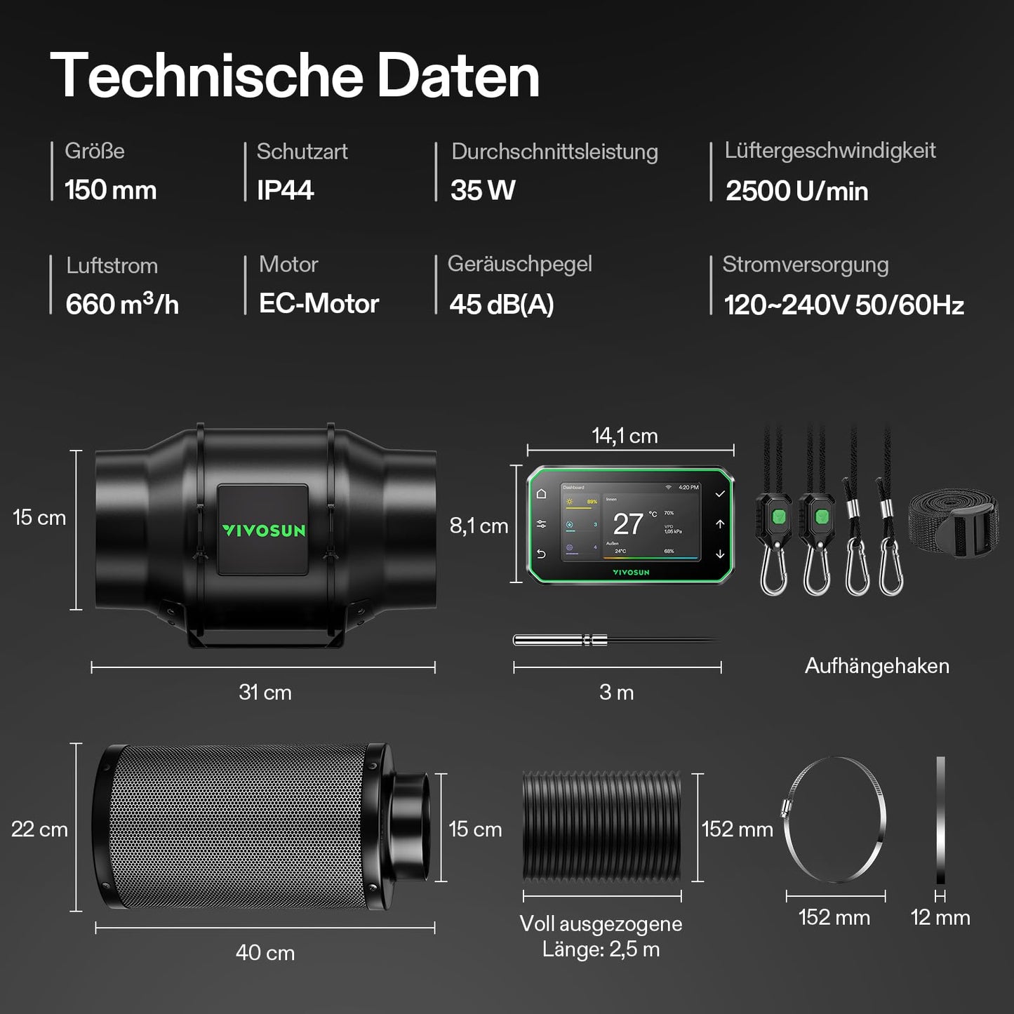 VIVOSUN Smart Rohrventilator 100mm/Abluftset AeroZesh G4 mit GrowHub E42A+, Temperatur- & Feuchtigkeitsregler, WiFi/App-Fernsteuerung, Aktivkohlefilter und Schlauch für Growzelte und Hydrokultur
