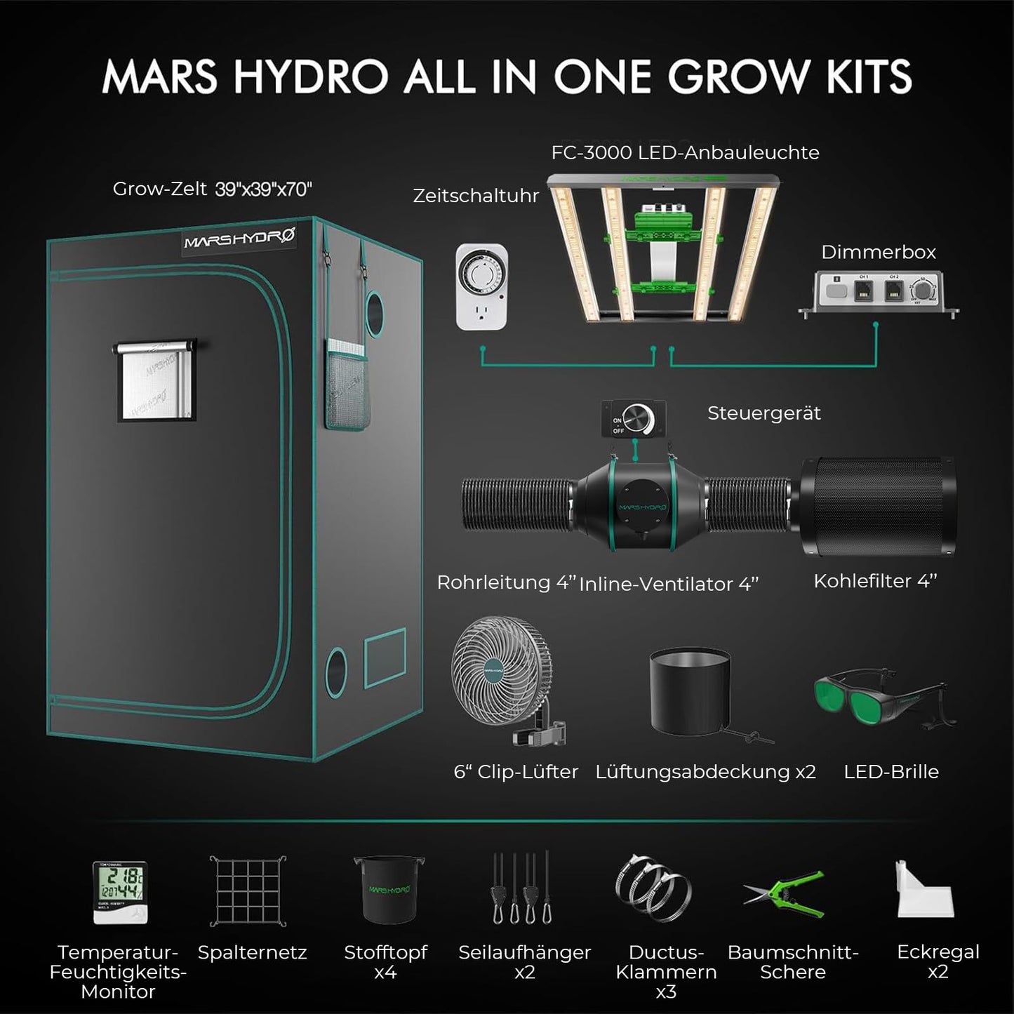 Mars Hydro Growzelt Komplettset,Upgraded TS600 Dimmbare Grow Lampe,60X60X140cm 1680D Hoch Reflektierend Mylar Grow Box Komplettset,mit 4" 205 CFM Ruhiges und Effizientes Belüftungssatz,10-Gang-Lüfter