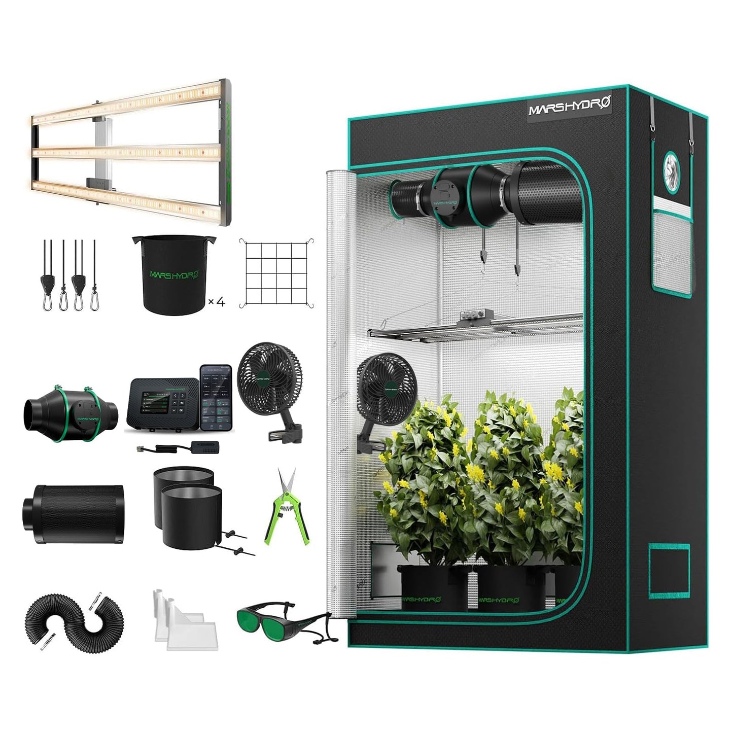 Mars Hydro Growzelt Komplettset,Upgraded TS600 Dimmbare Grow Lampe,60X60X140cm 1680D Hoch Reflektierend Mylar Grow Box Komplettset,mit 4" 205 CFM Ruhiges und Effizientes Belüftungssatz,10-Gang-Lüfter