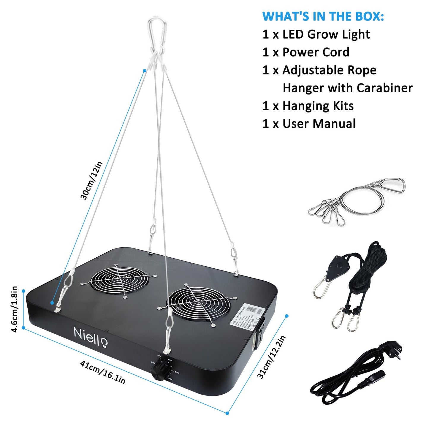 Niello QB1000 LED Pflanzenlampe with dimmable, LED Grow Lampe Vollspektrum, Hohem PPFD und IR Grow Light Wachstumslampe für 2x2ft Innen Wachsen Zelt Samen Knospe Pflanze Gemüse und Blume