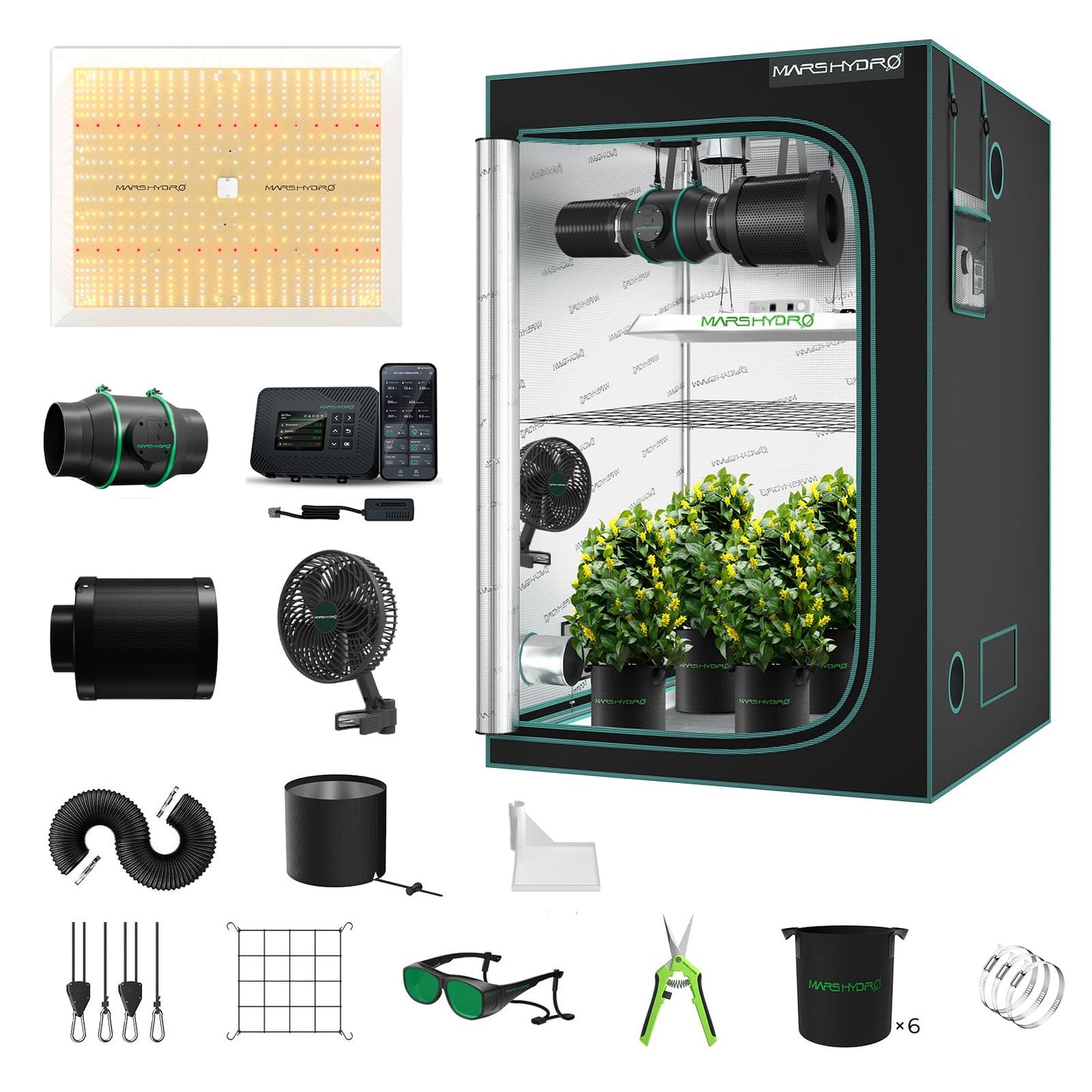 Mars Hydro Growzelt Komplettset,Upgraded TS600 Dimmbare Grow Lampe,60X60X140cm 1680D Hoch Reflektierend Mylar Grow Box Komplettset,mit 4" 205 CFM Ruhiges und Effizientes Belüftungssatz,10-Gang-Lüfter