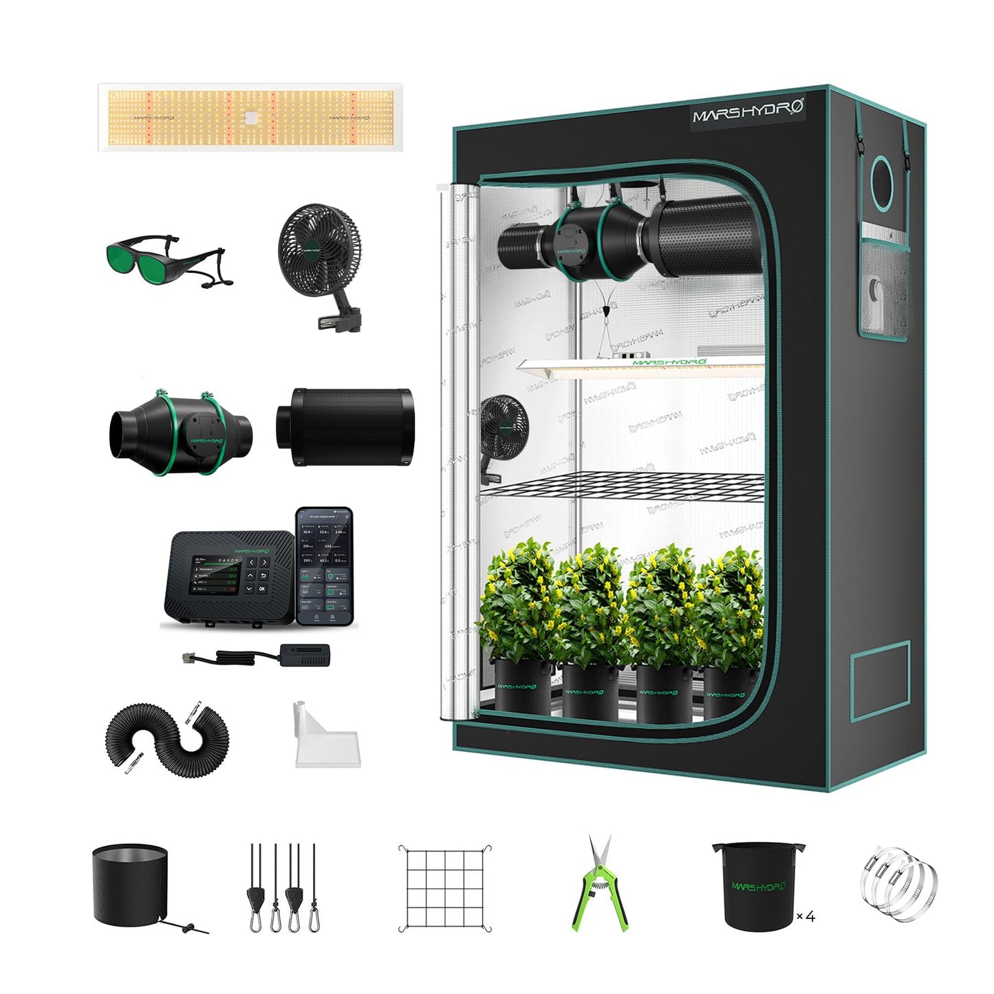 Mars Hydro Growzelt Komplettset,Upgraded TS600 Dimmbare Grow Lampe,60X60X140cm 1680D Hoch Reflektierend Mylar Grow Box Komplettset,mit 4" 205 CFM Ruhiges und Effizientes Belüftungssatz,10-Gang-Lüfter