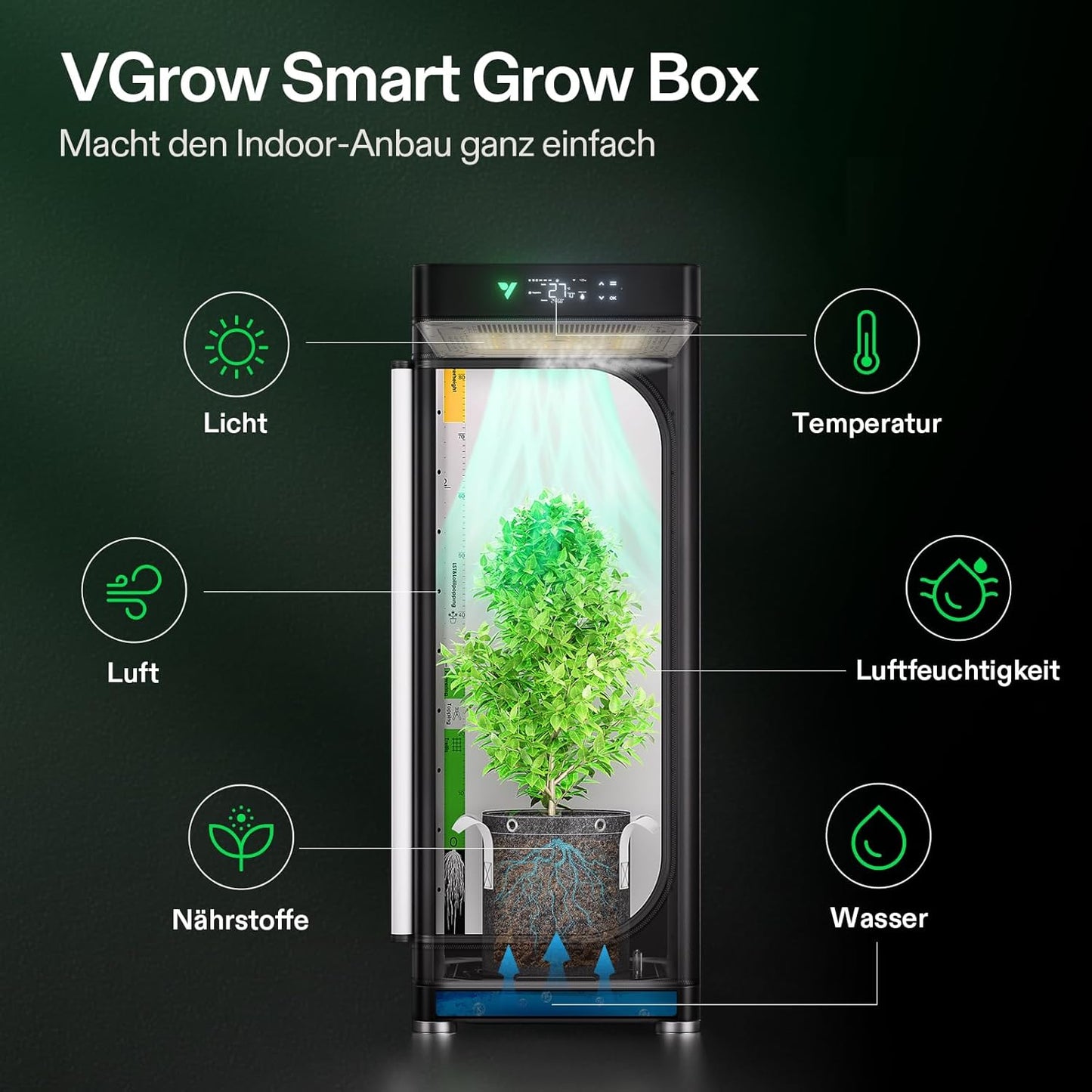 VGrow All-in-One Smart Grow Box, Professionelles System mit Samsung LM301H EVO Grow Lampe, Fortschrittliches Zirkulations- und Ventilationssystem, Bewässerung, Nährstoffzufuhr für Indoor-Hydroponik