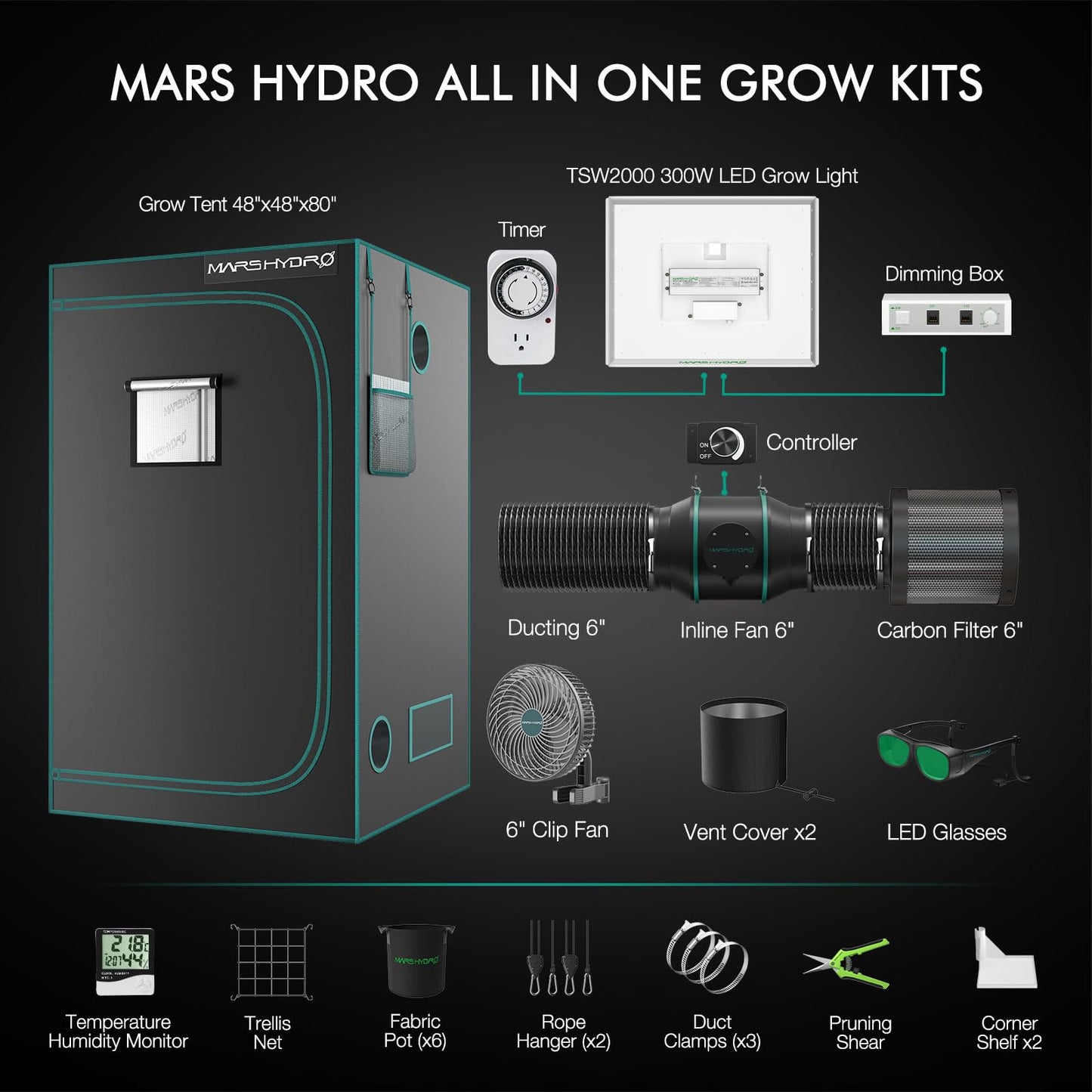 Mars Hydro Growzelt Komplettset,Upgraded TS600 Dimmbare Grow Lampe,60X60X140cm 1680D Hoch Reflektierend Mylar Grow Box Komplettset,mit 4" 205 CFM Ruhiges und Effizientes Belüftungssatz,10-Gang-Lüfter
