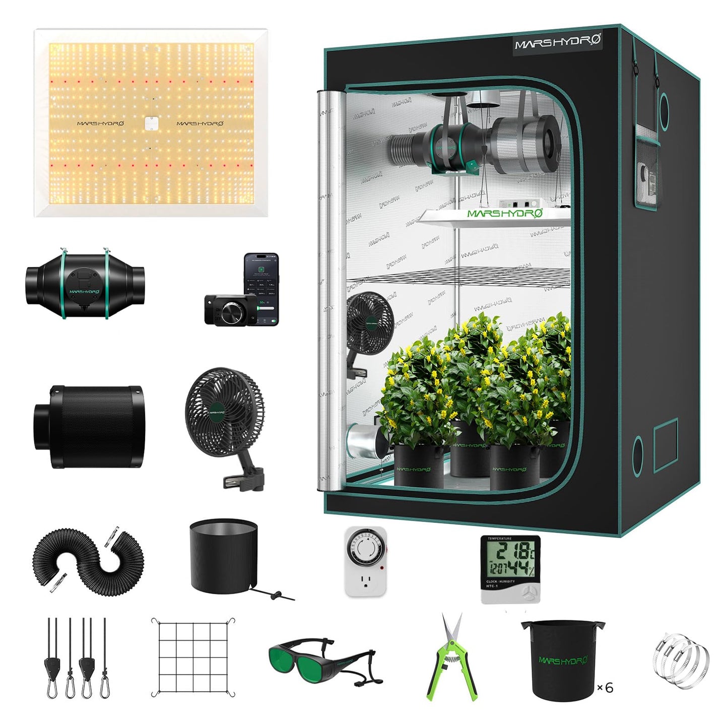 Mars Hydro Growzelt Komplettset,Upgraded TS600 Dimmbare Grow Lampe,60X60X140cm 1680D Hoch Reflektierend Mylar Grow Box Komplettset,mit 4" 205 CFM Ruhiges und Effizientes Belüftungssatz,10-Gang-Lüfter