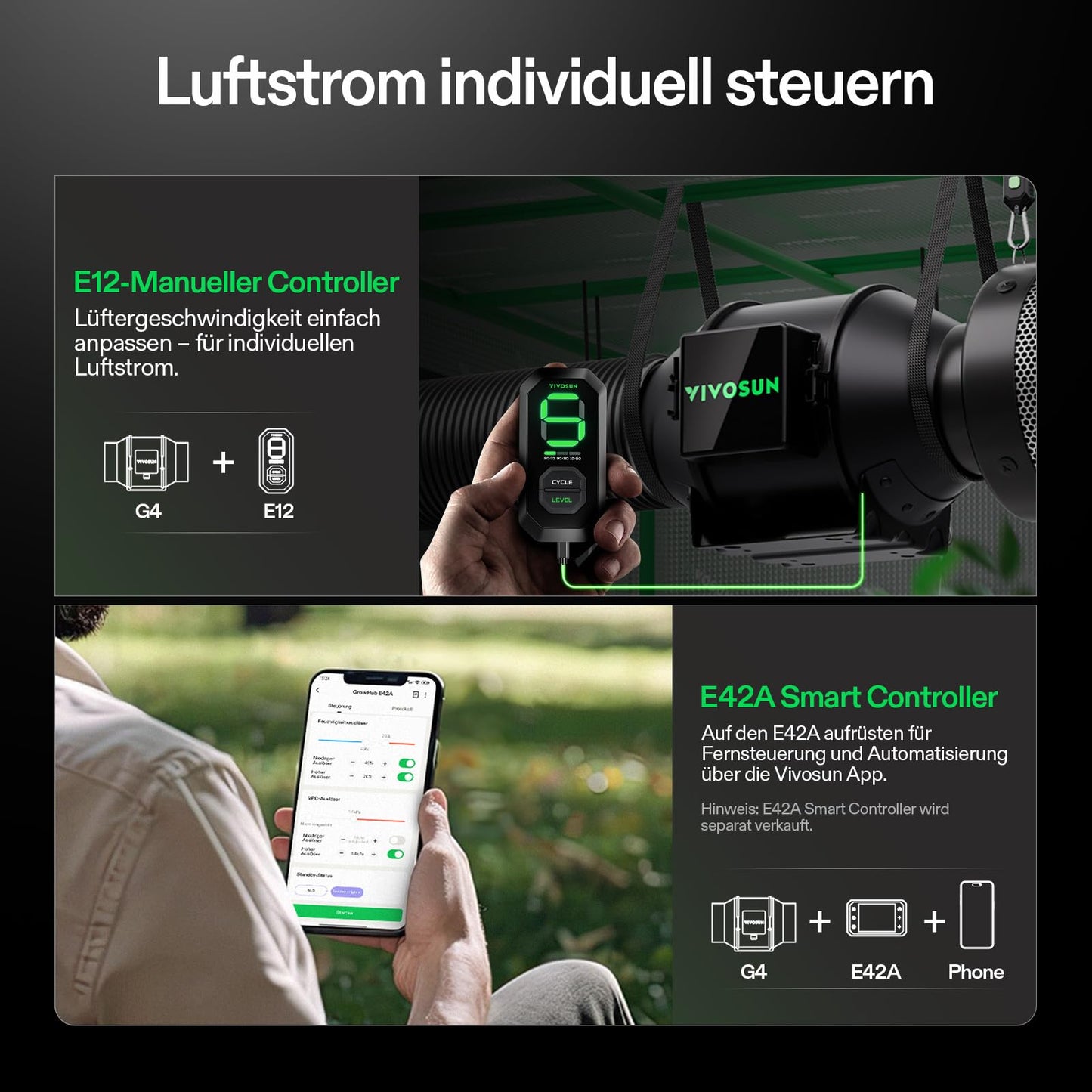 VIVOSUN Smart Rohrventilator 100mm/Abluftset AeroZesh G4 mit GrowHub E42A+, Temperatur- & Feuchtigkeitsregler, WiFi/App-Fernsteuerung, Aktivkohlefilter und Schlauch für Growzelte und Hydrokultur