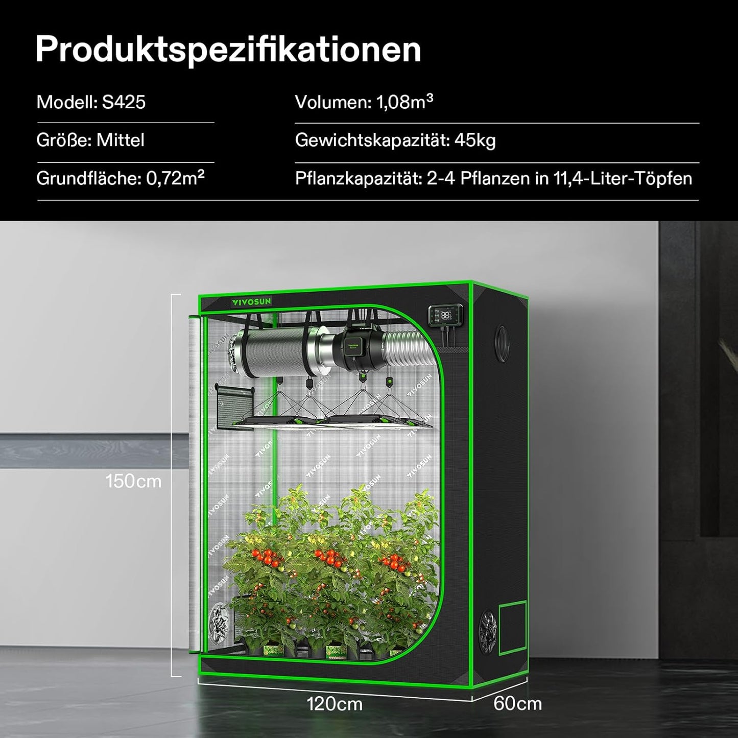 VIVOSUN Growzelt lichtdichtes Indoor Hydroponik Zelt mit reflektierendem Mylar Sichtfenster Bodenwanne stabile Rahmenstruktur Pflanzenzelt Gewächshaus S558 Grow Tent passend für VSF6450