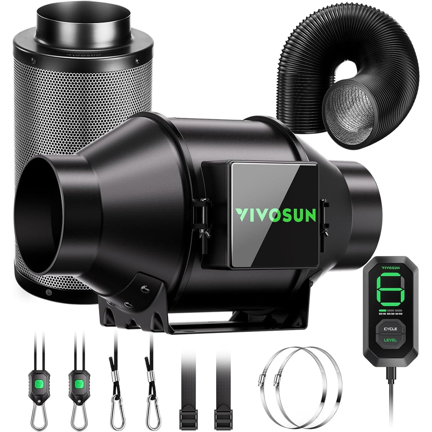 VIVOSUN Smart Rohrventilator 100mm/Abluftset AeroZesh G4 mit GrowHub E42A+, Temperatur- & Feuchtigkeitsregler, WiFi/App-Fernsteuerung, Aktivkohlefilter und Schlauch für Growzelte und Hydrokultur