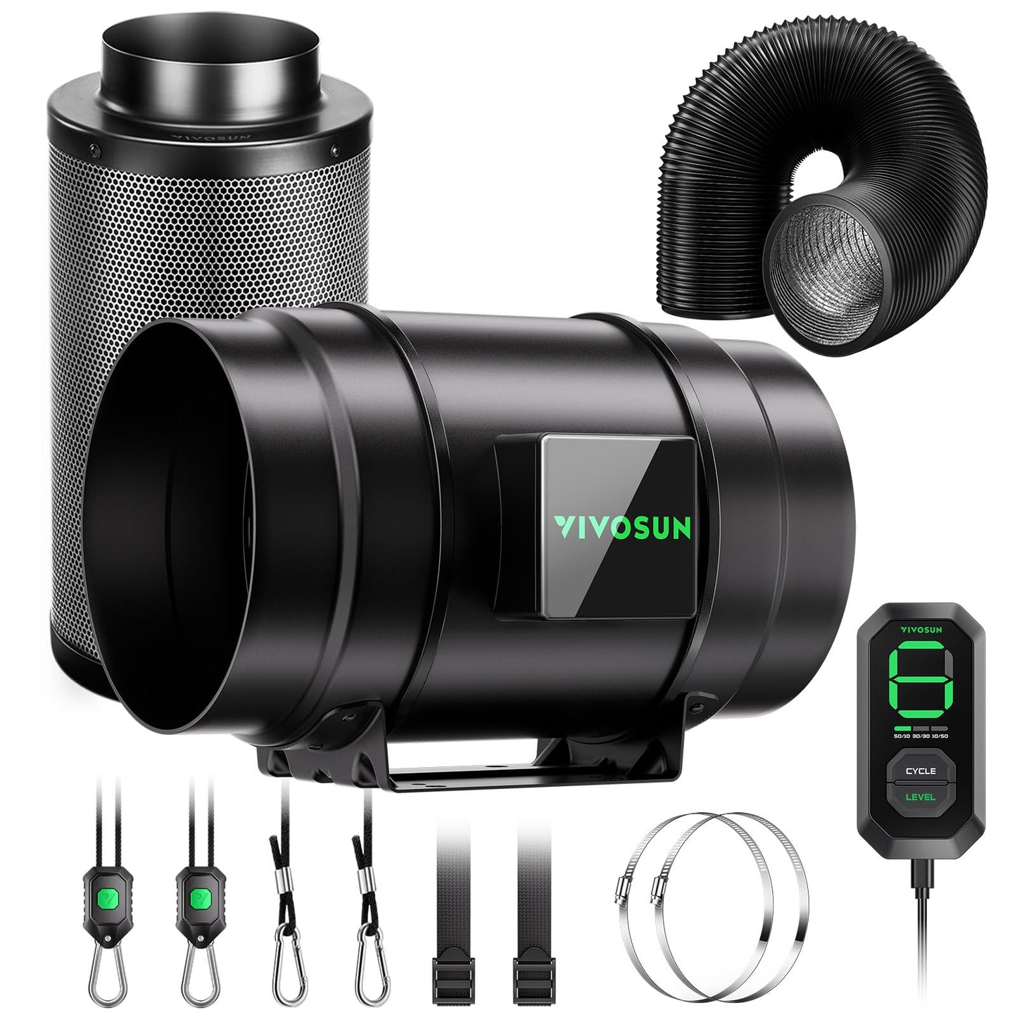 VIVOSUN Smart Rohrventilator 100mm/Abluftset AeroZesh G4 mit GrowHub E42A+, Temperatur- & Feuchtigkeitsregler, WiFi/App-Fernsteuerung, Aktivkohlefilter und Schlauch für Growzelte und Hydrokultur