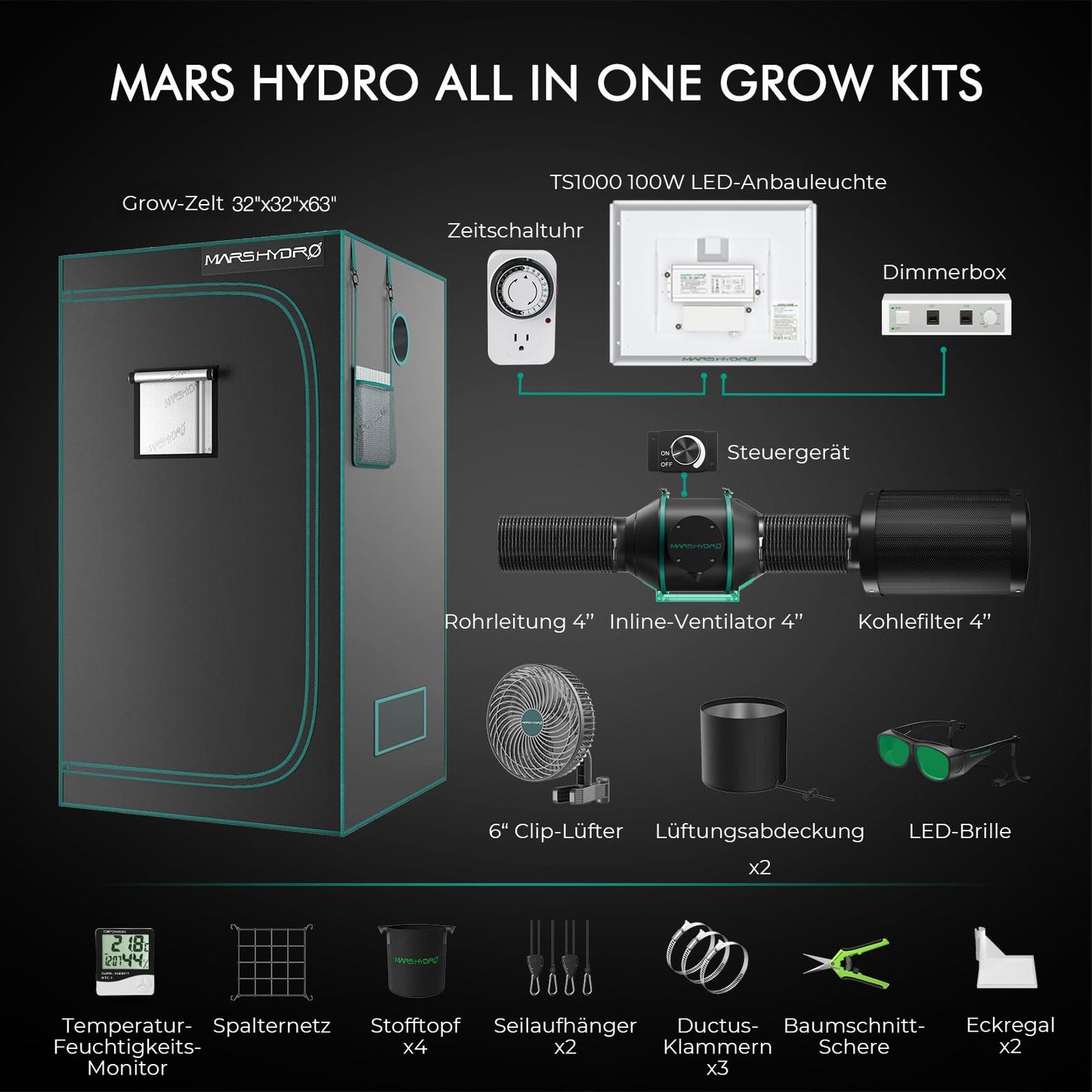 Mars Hydro Growzelt Komplettset,Upgraded TS600 Dimmbare Grow Lampe,60X60X140cm 1680D Hoch Reflektierend Mylar Grow Box Komplettset,mit 4" 205 CFM Ruhiges und Effizientes Belüftungssatz,10-Gang-Lüfter