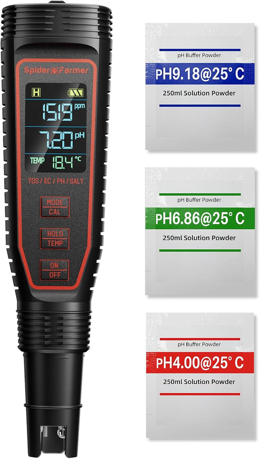 Spider Farmer 5-in-1 pH-Messgerät-Set für Wasser, TDS-EC-Temperatur-Salzgehalt-Tester mit ATC, Wiederaufladbar, für Pflanzen Hydrokulturen Grow Schwimmbäder Fischbecken und Aquarium (IP67 Wasserdicht)
