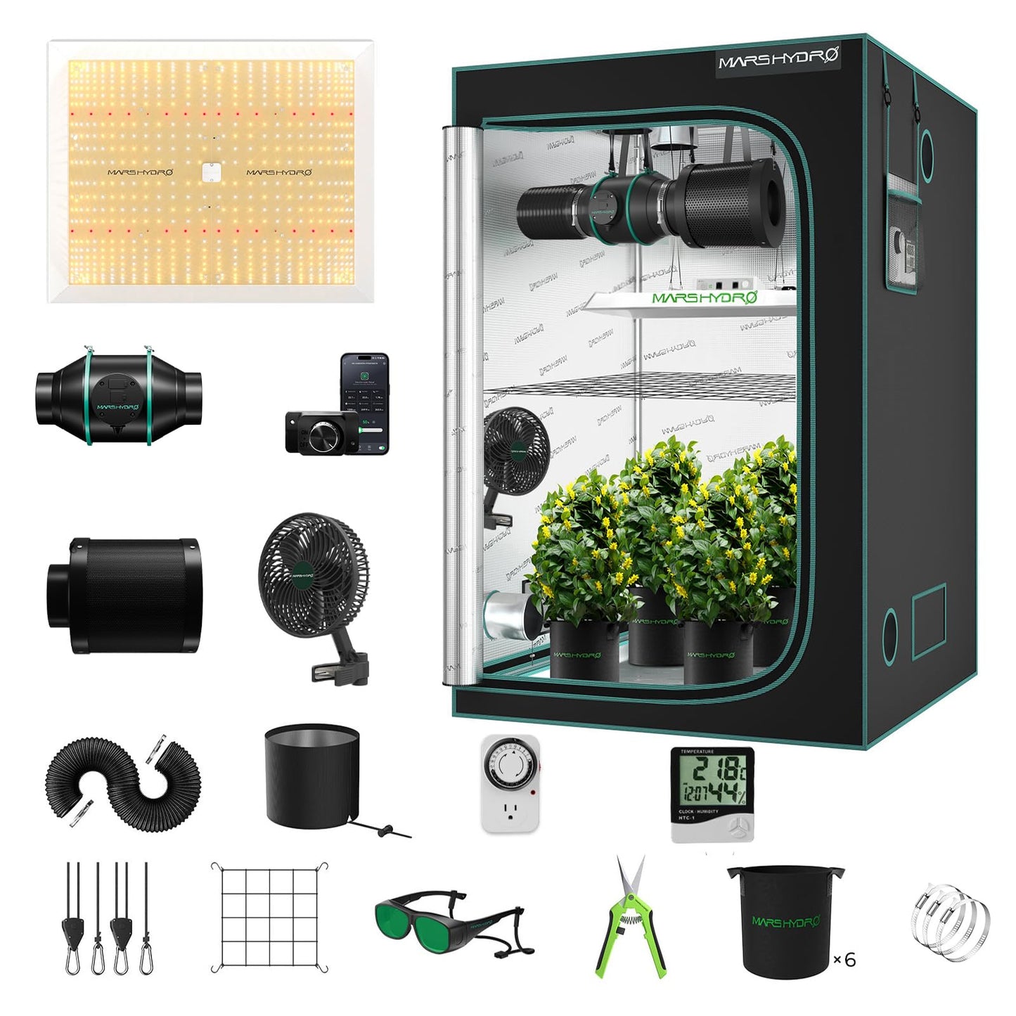 Mars Hydro Growzelt Komplettset,Upgraded TS600 Dimmbare Grow Lampe,60X60X140cm 1680D Hoch Reflektierend Mylar Grow Box Komplettset,mit 4" 205 CFM Ruhiges und Effizientes Belüftungssatz,10-Gang-Lüfter