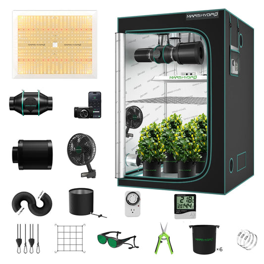 Mars Hydro Growzelt Komplettset,Upgraded TS600 Dimmbare Grow Lampe,60X60X140cm 1680D Hoch Reflektierend Mylar Grow Box Komplettset,mit 4" 205 CFM Ruhiges und Effizientes Belüftungssatz,10-Gang-Lüfter