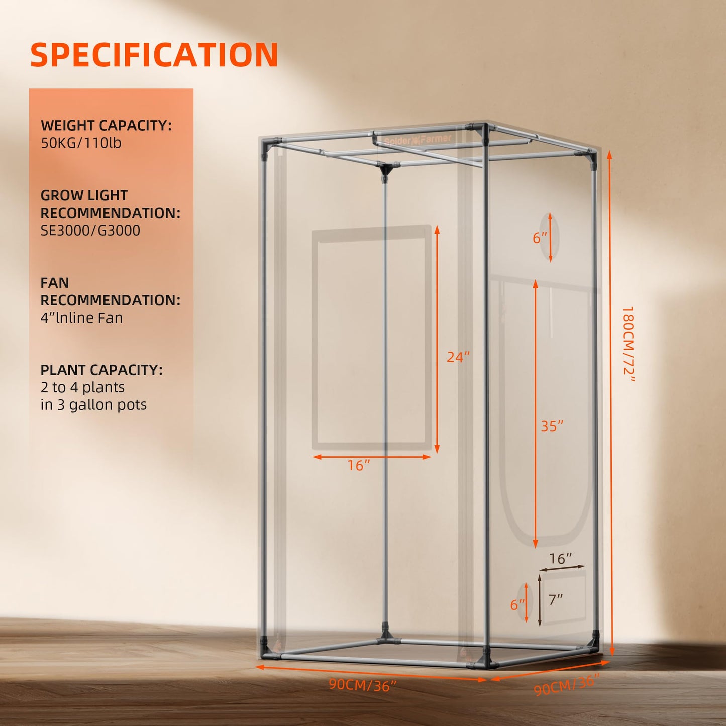Spider Farmer Growzelt 60x60x180cm, Indoor Grow Tent Kultivation Zelt, hergestellt aus hochreflektierendem Mylar mit Beobachtungsfenster und abnehmbarem Boden Tablett, für SF1000/SF1000D