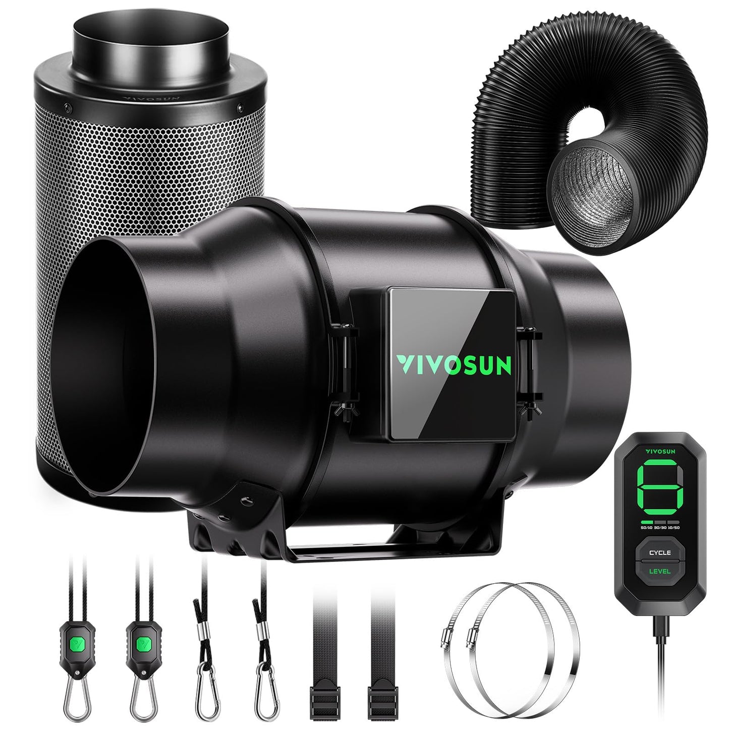 VIVOSUN Smart Rohrventilator 100mm/Abluftset AeroZesh G4 mit GrowHub E42A+, Temperatur- & Feuchtigkeitsregler, WiFi/App-Fernsteuerung, Aktivkohlefilter und Schlauch für Growzelte und Hydrokultur