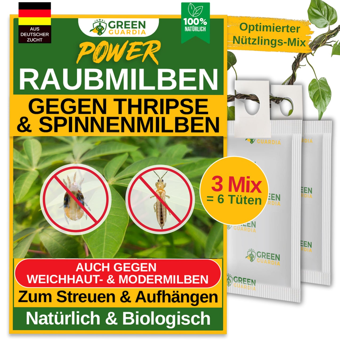 Raubmilben-Mix gegen Thripse & Spinnmilben – GREEN GUARDIA | 3-Mix mit 6 Tüten | Biologische Schädlingsbekämpfung für Pflanzen