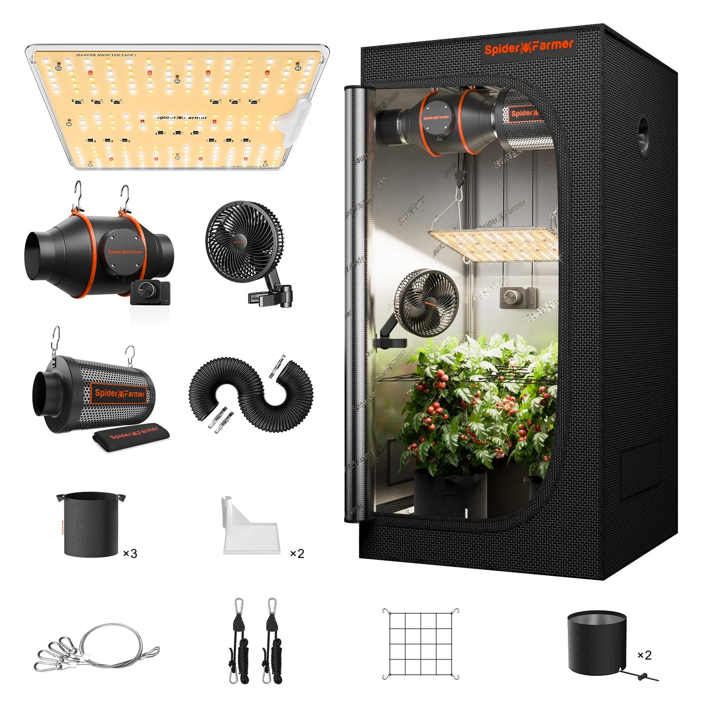 Spider Farmer Growzelt Komplettset SF1000 Grow Light Dimmbarer LED Grow Lampe Vollspektrum Samsung LM301H EVO Diodes GrowZelt Kit Komplettes 70x70x160cm Hydroponics Growing Tent Set Belüftungssystem