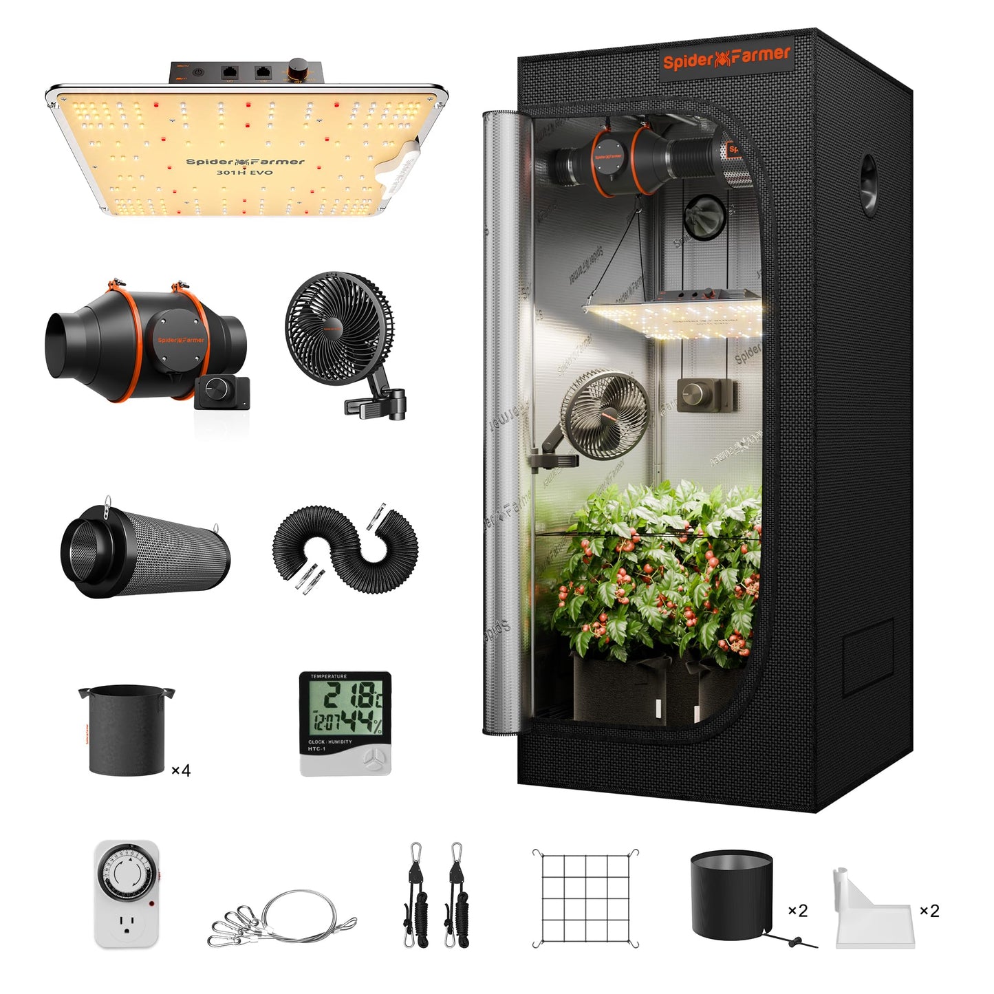 Spider Farmer Growzelt Komplettset SF1000 Grow Light Dimmbarer LED Grow Lampe Vollspektrum Samsung LM301H EVO Diodes GrowZelt Kit Komplettes 70x70x160cm Hydroponics Growing Tent Set Belüftungssystem