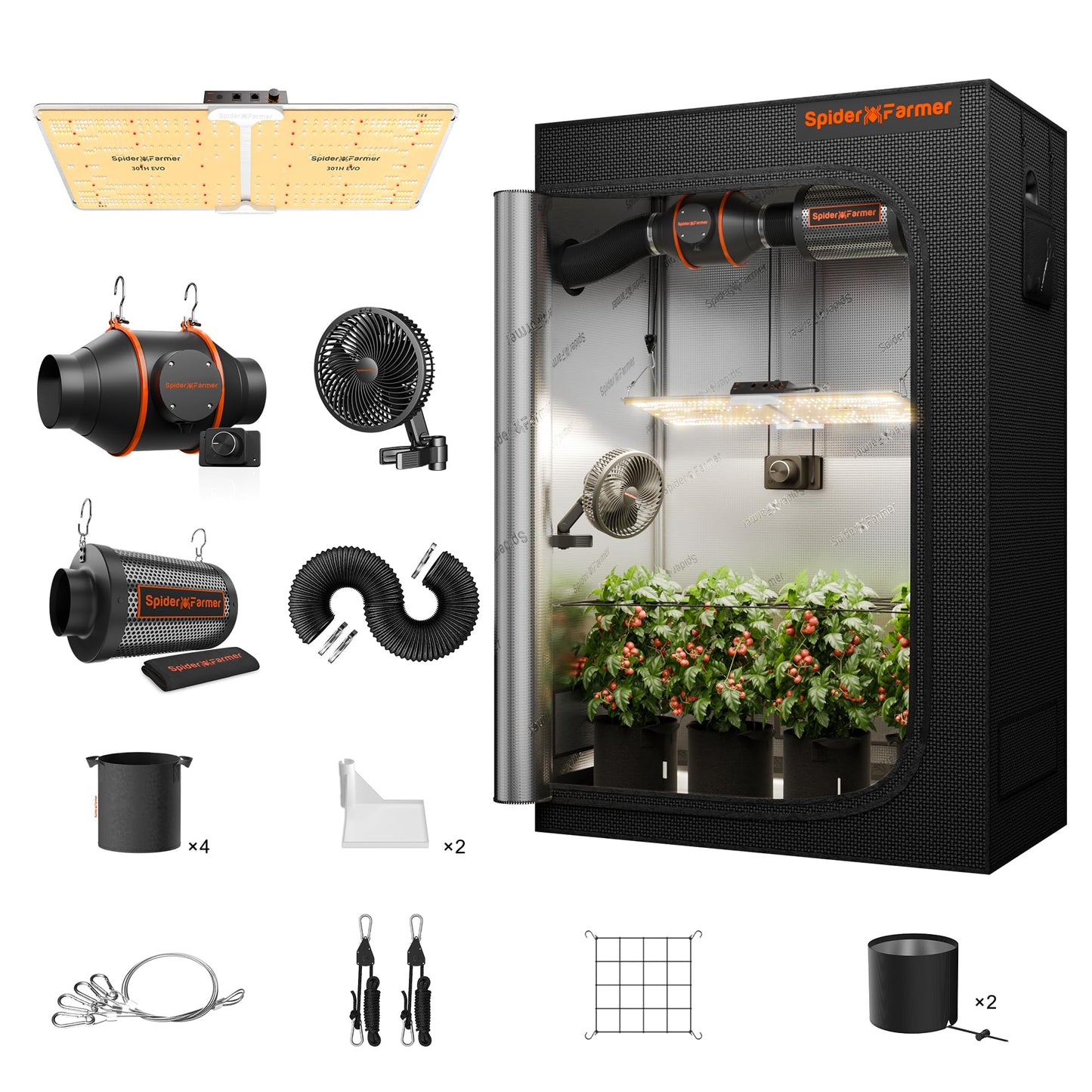 Spider Farmer Growzelt Komplettset SF1000 Grow Light Dimmbarer LED Grow Lampe Vollspektrum Samsung LM301H EVO Diodes GrowZelt Kit Komplettes 70x70x160cm Hydroponics Growing Tent Set Belüftungssystem