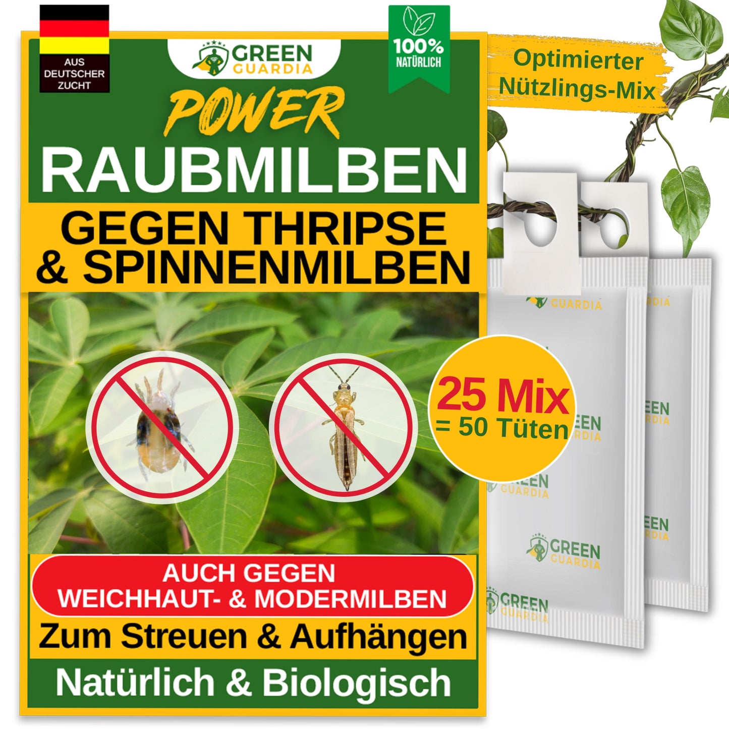 Raubmilben-Mix gegen Thripse & Spinnmilben – GREEN GUARDIA | 3-Mix mit 6 Tüten | Biologische Schädlingsbekämpfung für Pflanzen