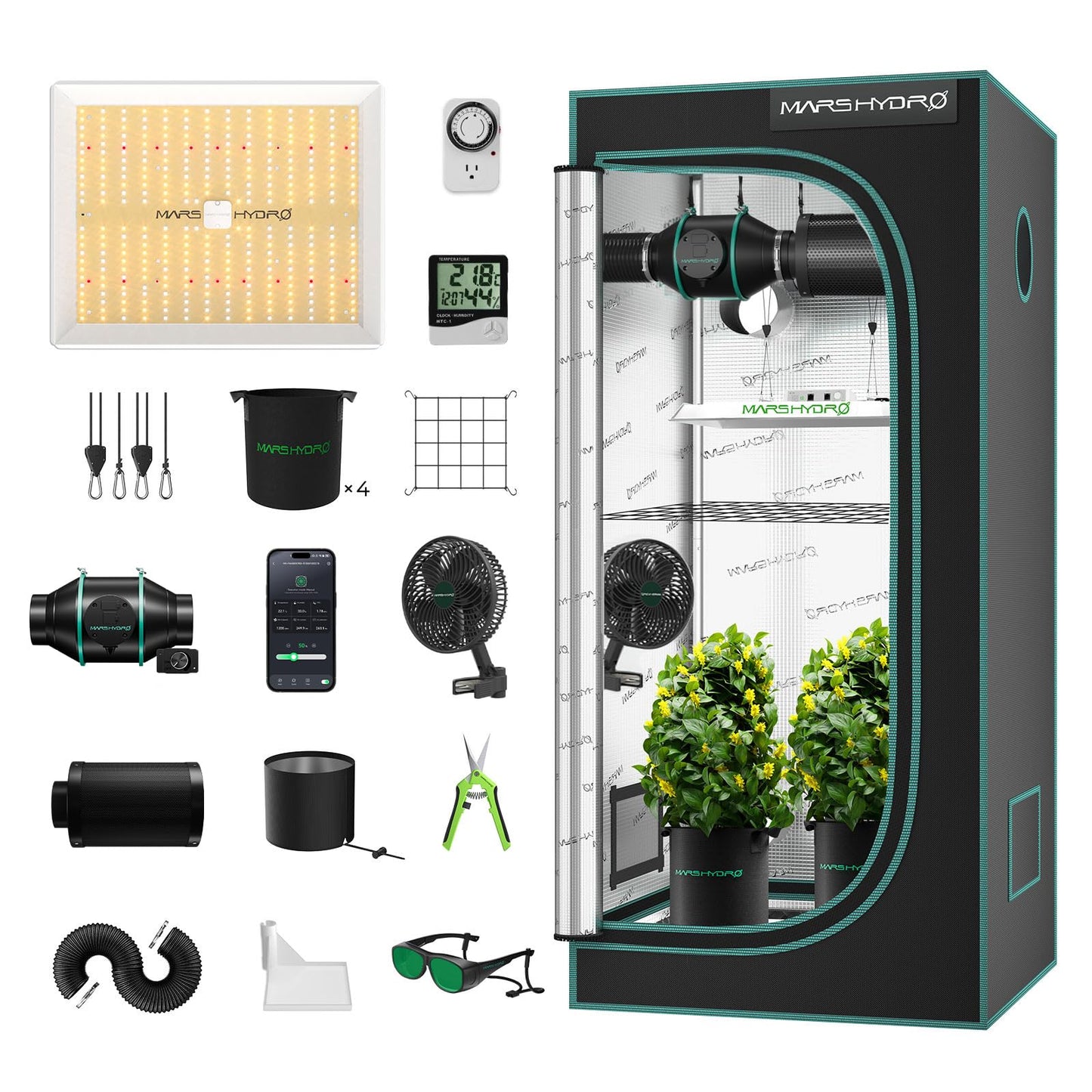 Mars Hydro Growzelt Komplettset,Upgraded TS600 Dimmbare Grow Lampe,60X60X140cm 1680D Hoch Reflektierend Mylar Grow Box Komplettset,mit 4" 205 CFM Ruhiges und Effizientes Belüftungssatz,10-Gang-Lüfter