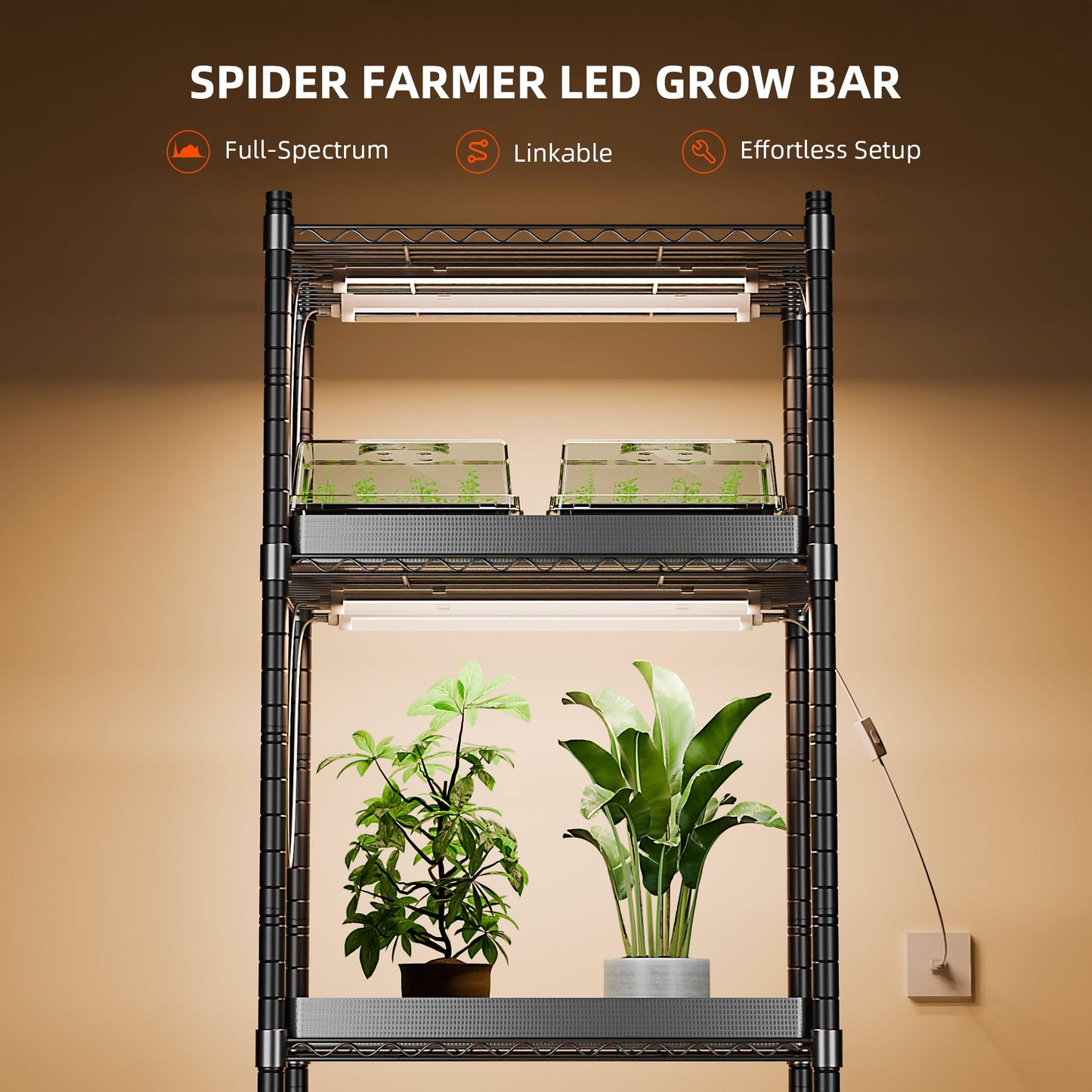 Spider Farmer 88,5cm LED Pflanzenlampe für Zimmerpflanzen, Vollspektrum (3000K+5000K+660nm), 200W (8x25W), 1296 LEDs, IP65 Wasserdicht, Verkettbares Design für Regale und Gewächshäuser, 8er-Pack