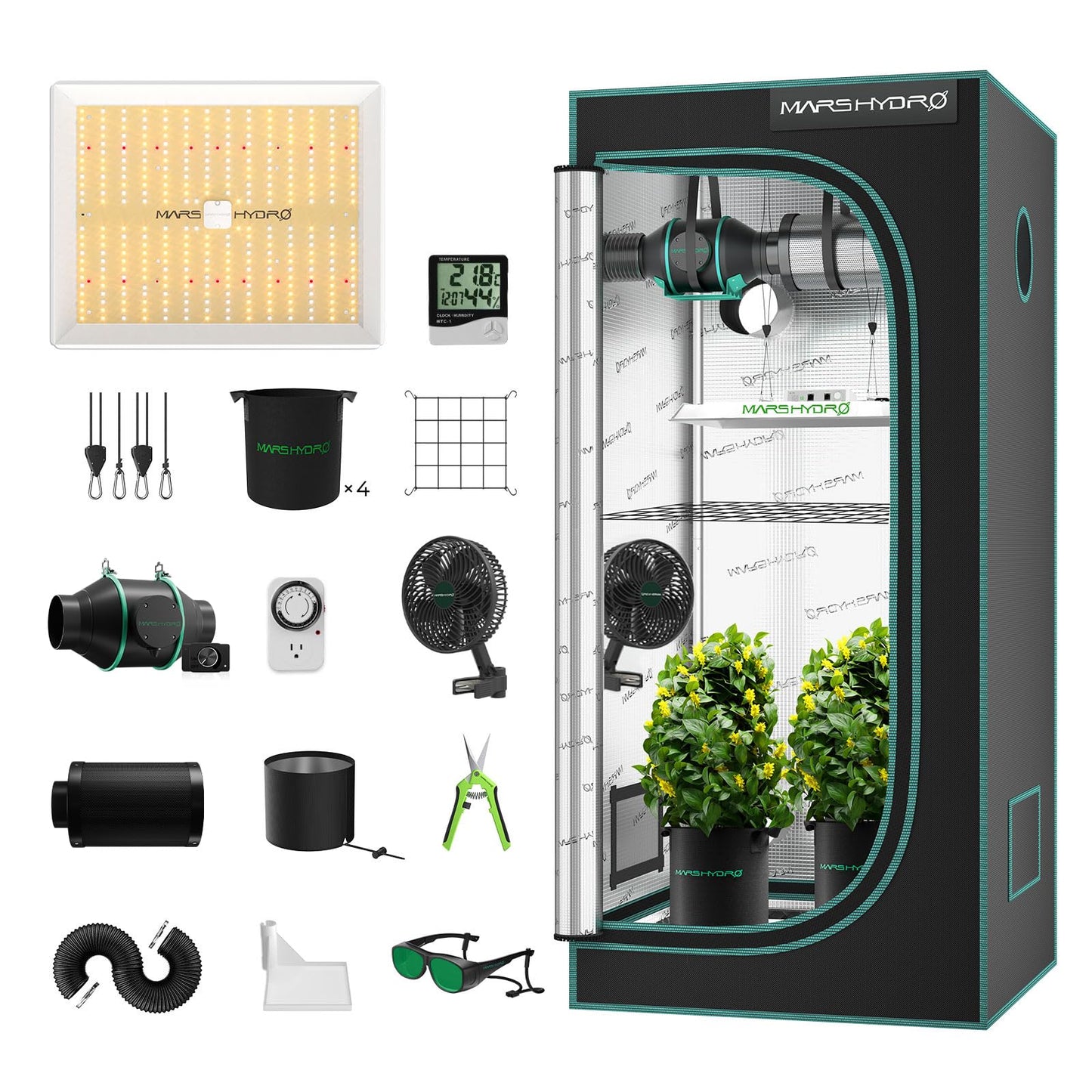 Mars Hydro Growzelt Komplettset,Upgraded TS600 Dimmbare Grow Lampe,60X60X140cm 1680D Hoch Reflektierend Mylar Grow Box Komplettset,mit 4" 205 CFM Ruhiges und Effizientes Belüftungssatz,10-Gang-Lüfter