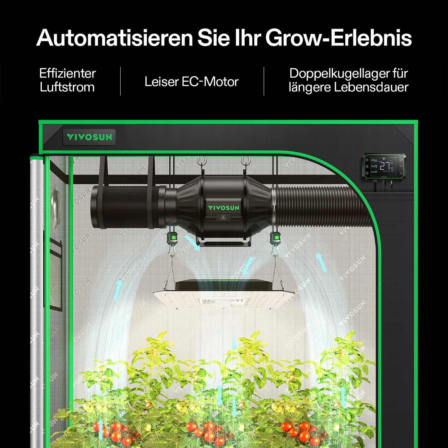 VIVOSUN Smart Grow System mit Grow Lampe100W LED Pflanzenlampe mit integriertem Zirkulationsventilator, Rohrventilator 100 mm & GrowHub E42A Controller für Growbox Komplettsets, Indoor-Grow Hydroponik