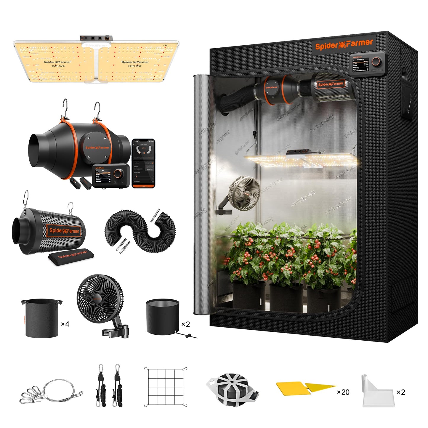 Spider Farmer Growzelt Komplettset SF1000 Grow Light Dimmbarer LED Grow Lampe Vollspektrum Samsung LM301H EVO Diodes GrowZelt Kit Komplettes 70x70x160cm Hydroponics Growing Tent Set Belüftungssystem