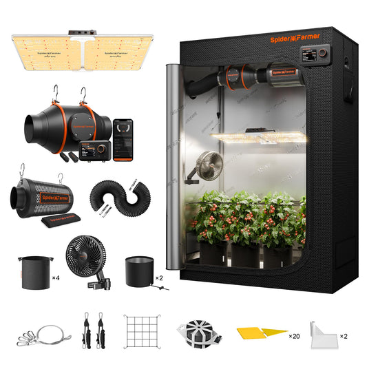 Spider Farmer Growzelt Komplettset SF1000 Grow Light Dimmbarer LED Grow Lampe Vollspektrum Samsung LM301H EVO Diodes GrowZelt Kit Komplettes 70x70x160cm Hydroponics Growing Tent Set Belüftungssystem